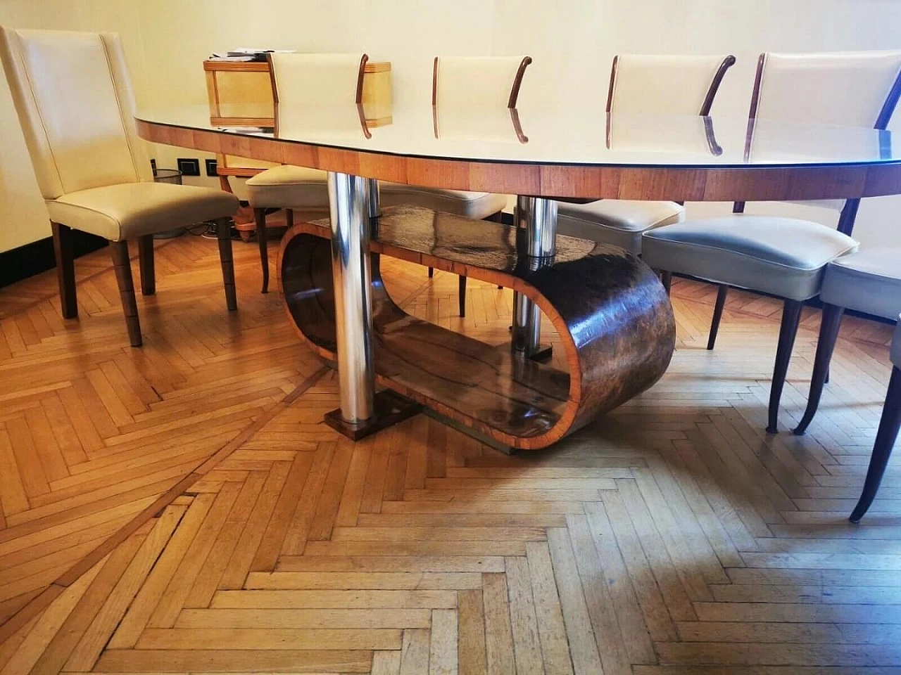 Art Deco table in walnut root, crystal and steel, 1930s 1480114