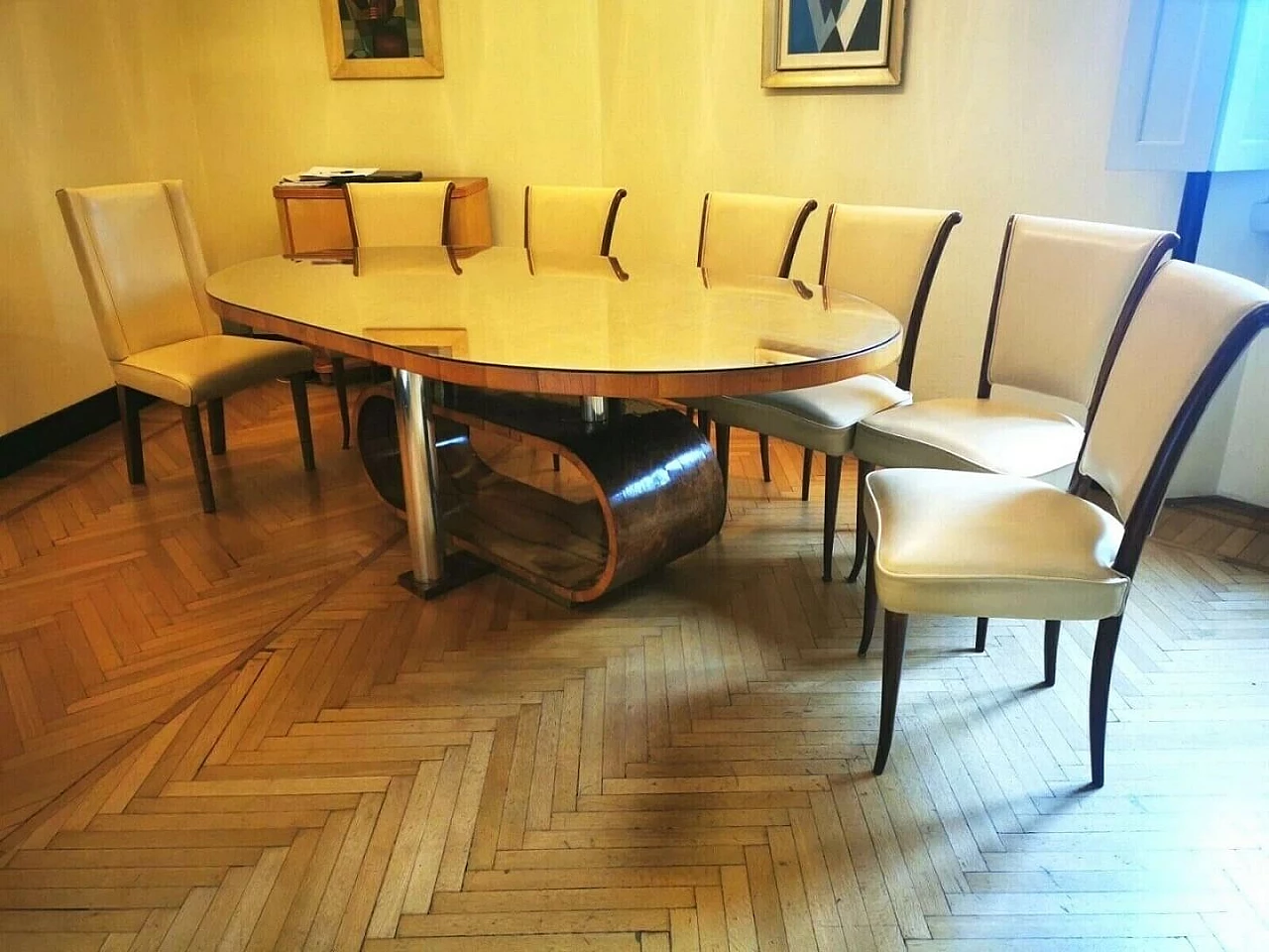 Art Deco table in walnut root, crystal and steel, 1930s 1480115