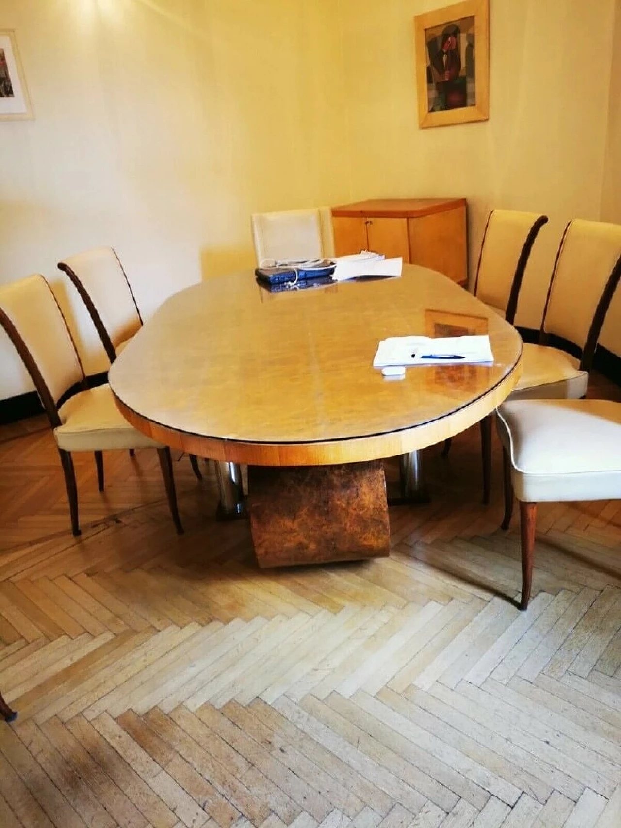 Art Deco table in walnut root, crystal and steel, 1930s 1480119