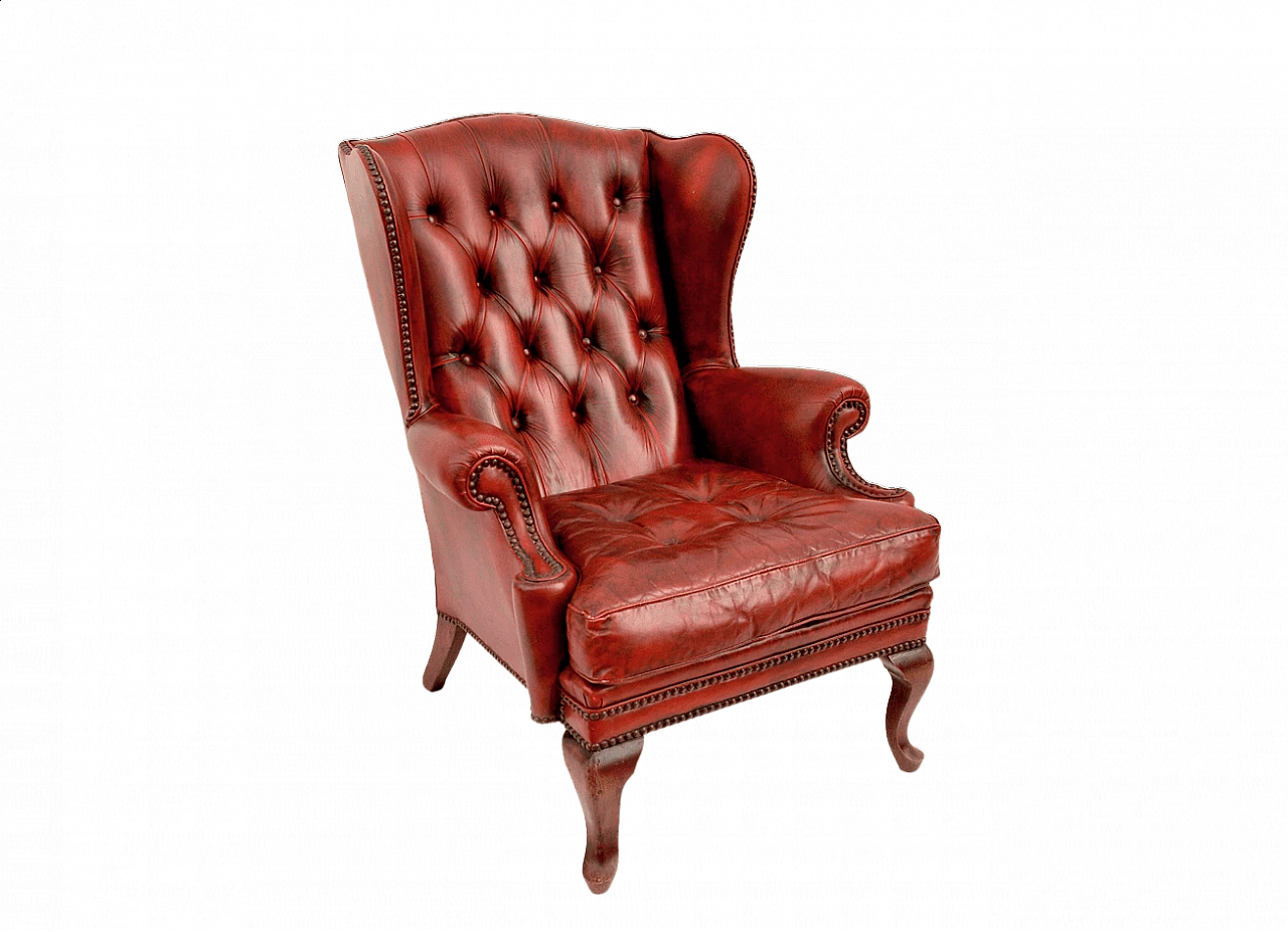 Poltrona bergere Chesterfield in pelle bordeaux, anni '60 1480485