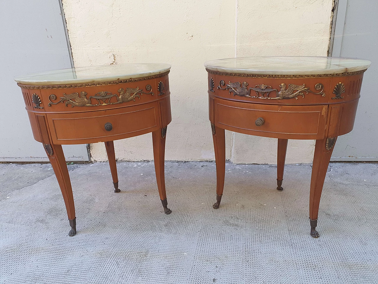 Pair of bedside tables with oval marble top, 1960s 1480540