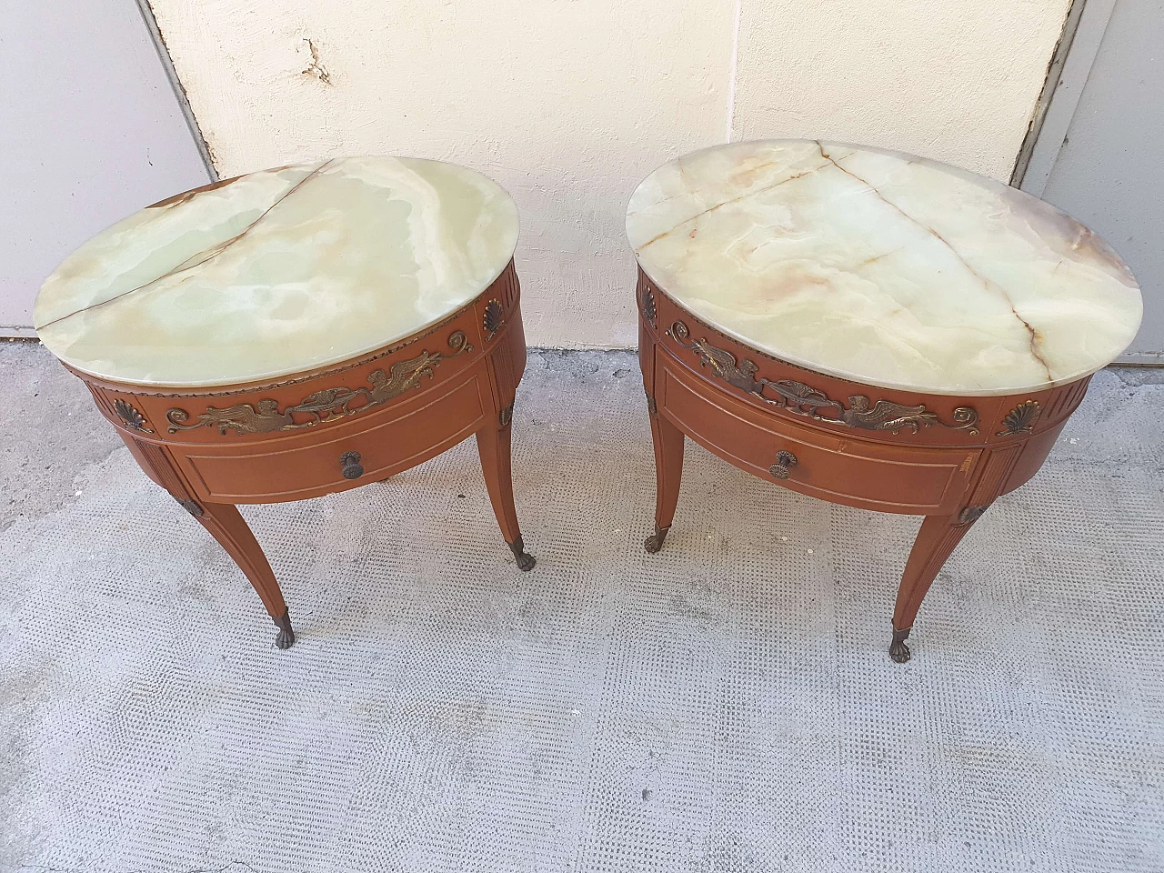 Pair of bedside tables with oval marble top, 1960s 1480541