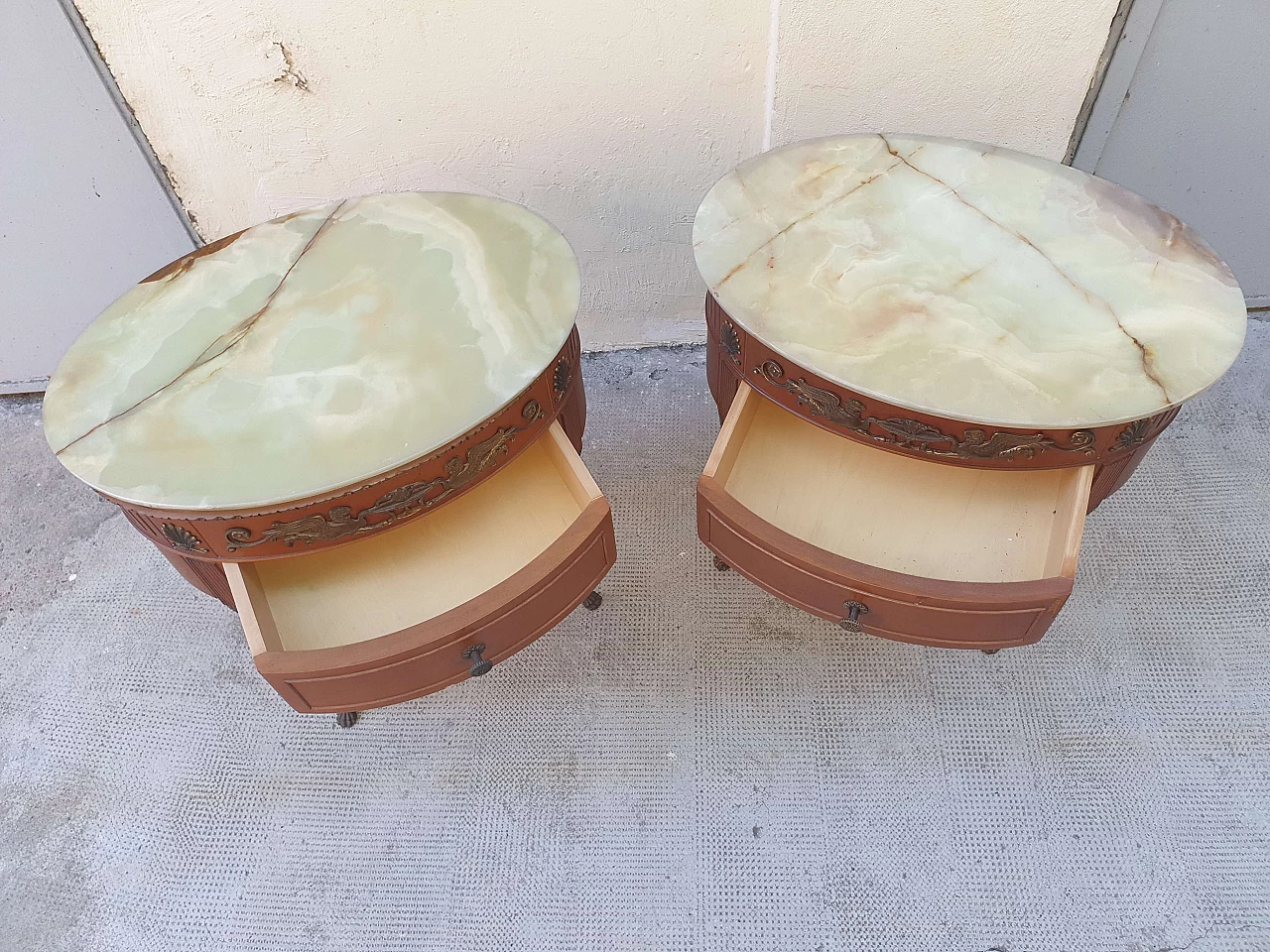 Pair of bedside tables with oval marble top, 1960s 1480542