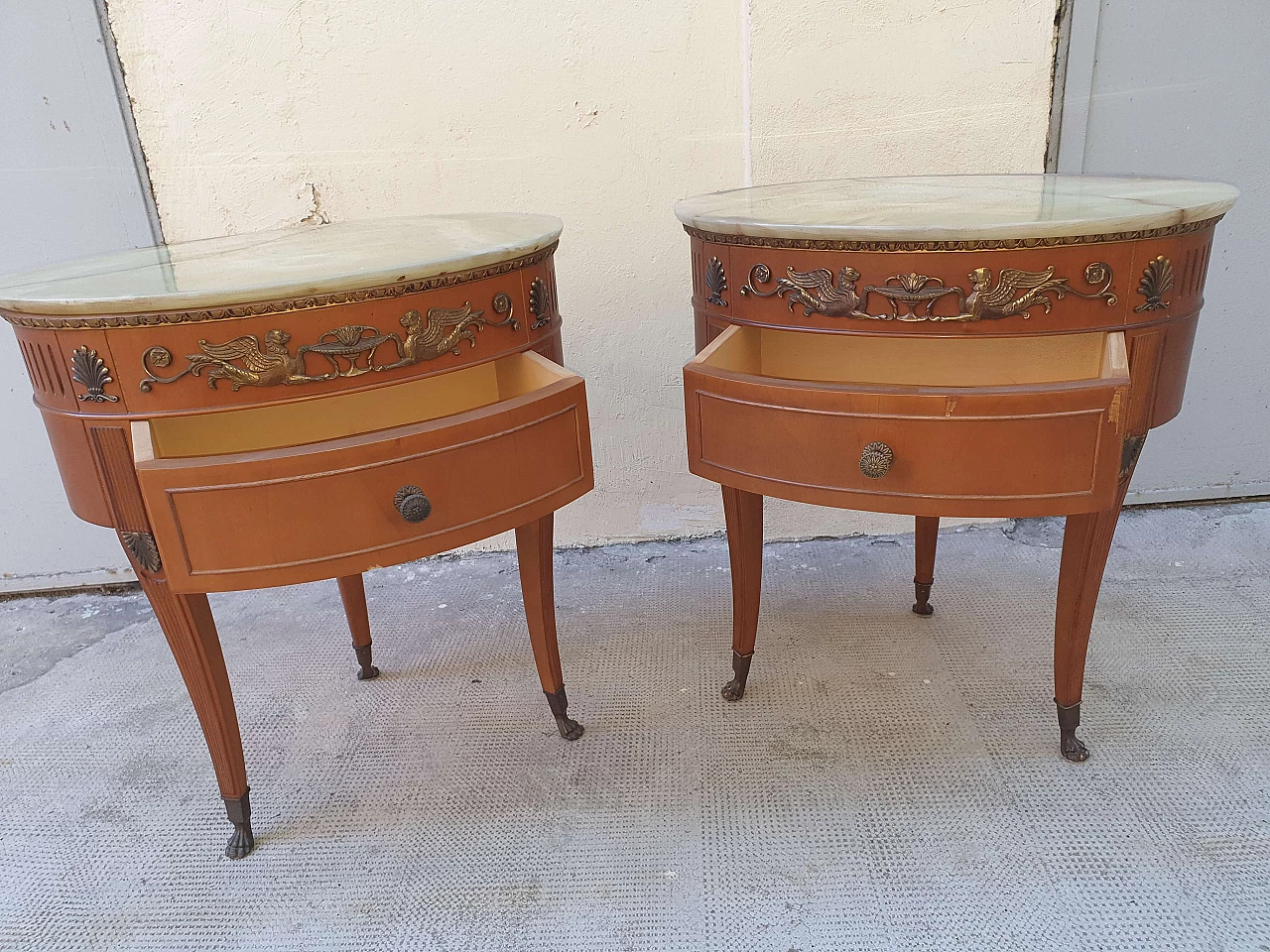 Pair of bedside tables with oval marble top, 1960s 1480543
