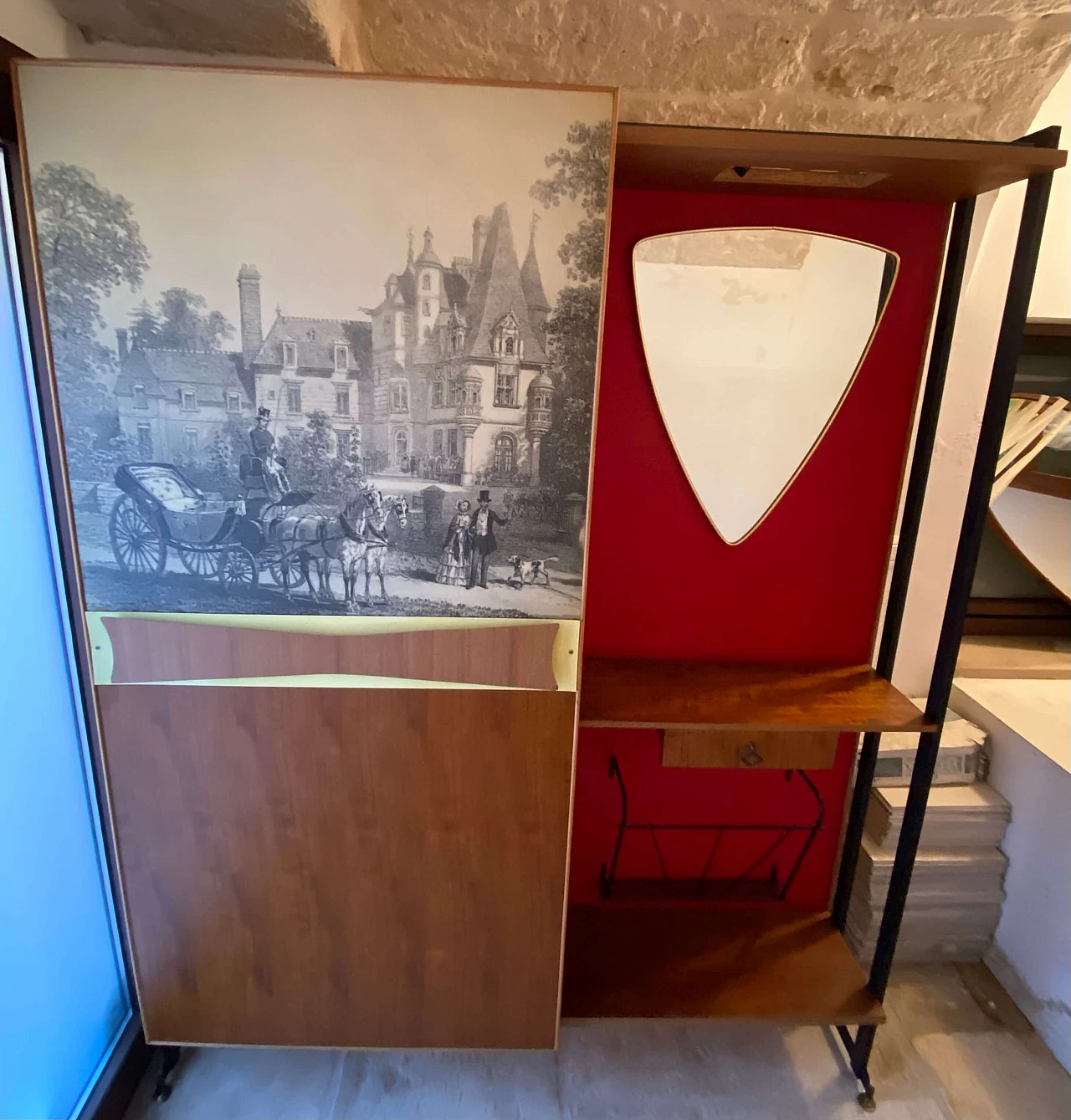 Appendiabiti con pannello scorrevole con stampa originale, anni '60 3