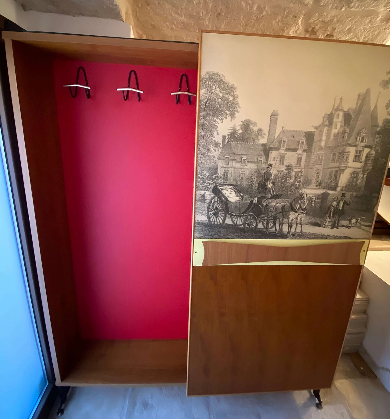 Appendiabiti con pannello scorrevole con stampa originale, anni '60 8