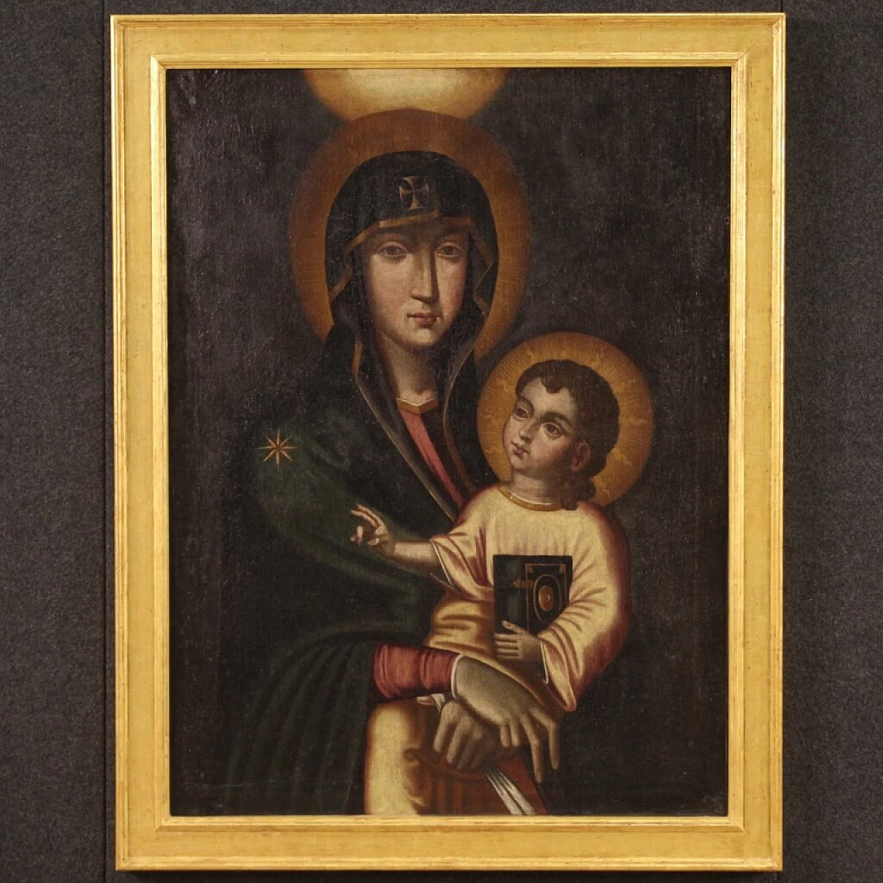 Madonna con bambino, dipinto olio su tela in stile bizantino, '800 1