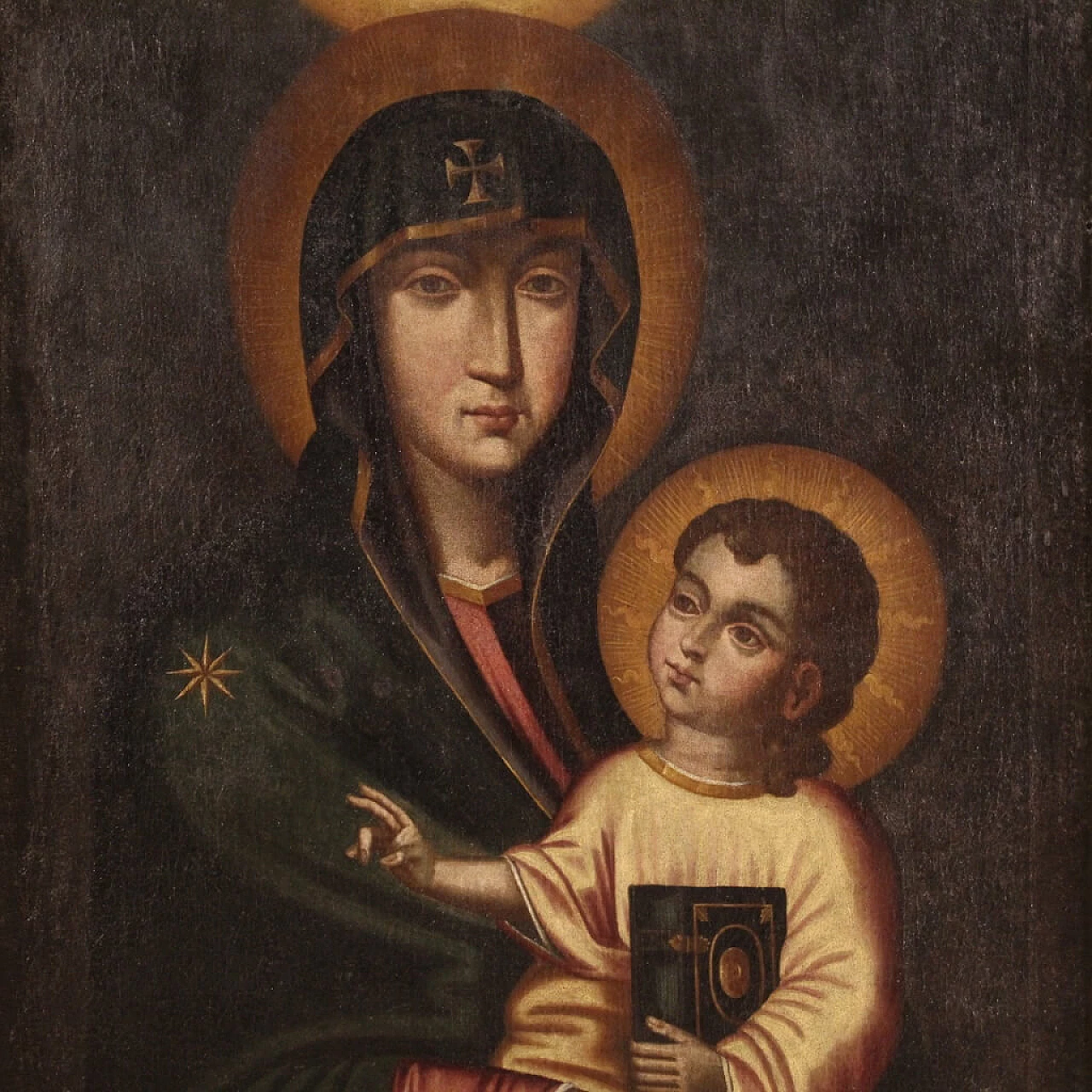 Madonna con bambino, dipinto olio su tela in stile bizantino, '800 8