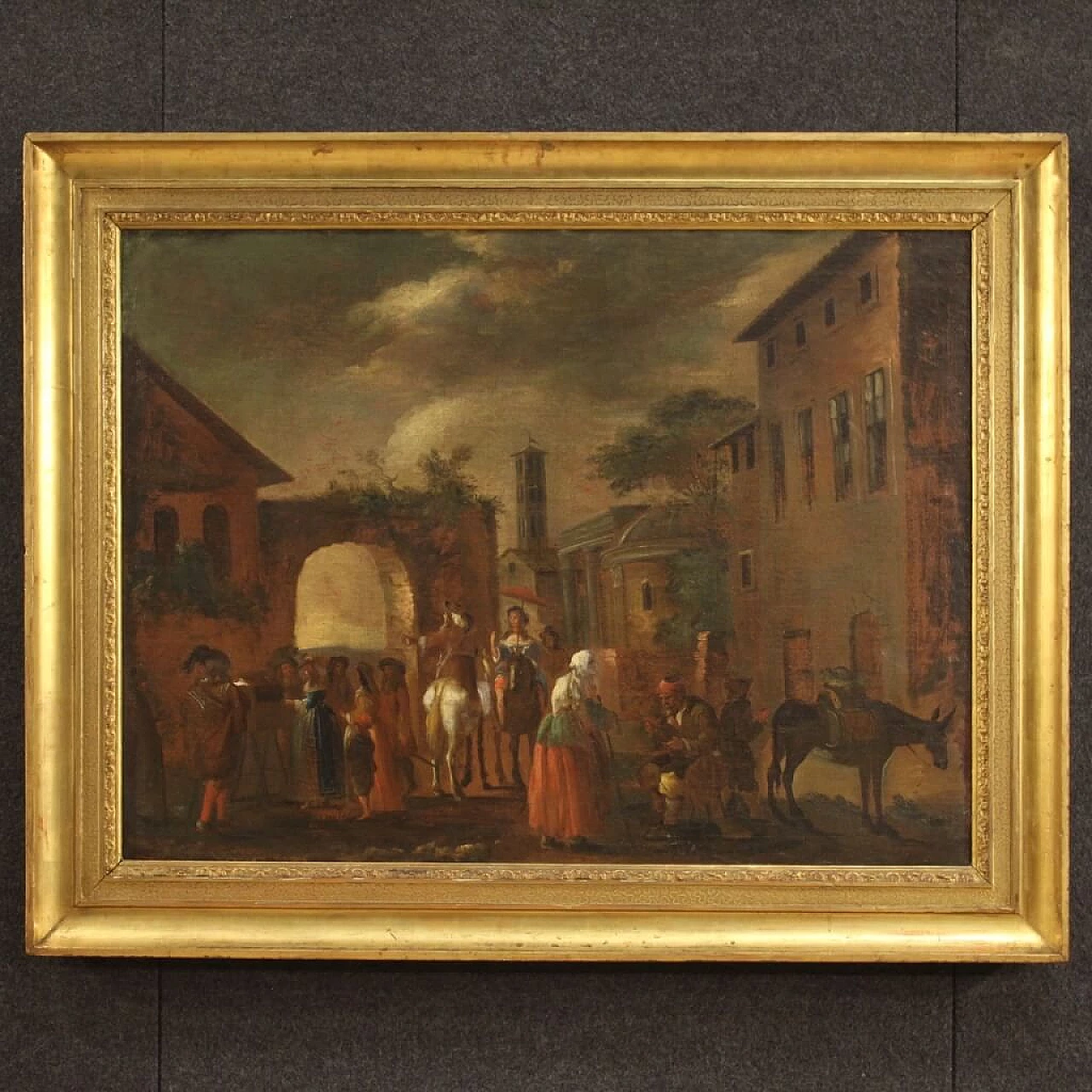 Genre scene painting with animals and figures, oil on canvas, 18th century 1