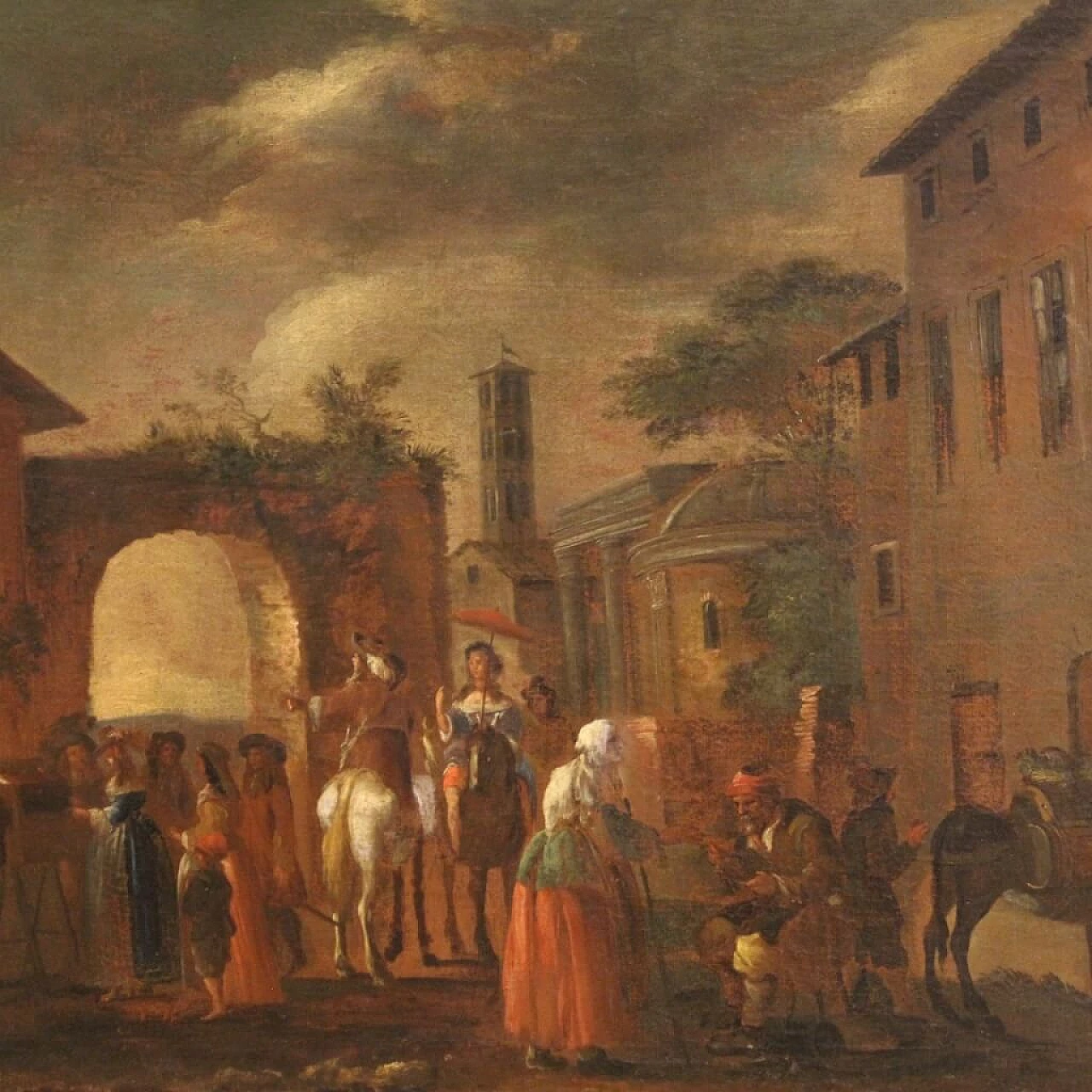 Genre scene painting with animals and figures, oil on canvas, 18th century 3