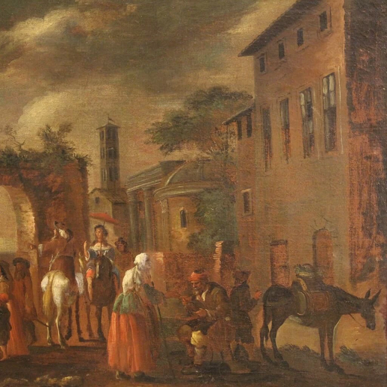 Genre scene painting with animals and figures, oil on canvas, 18th century 8