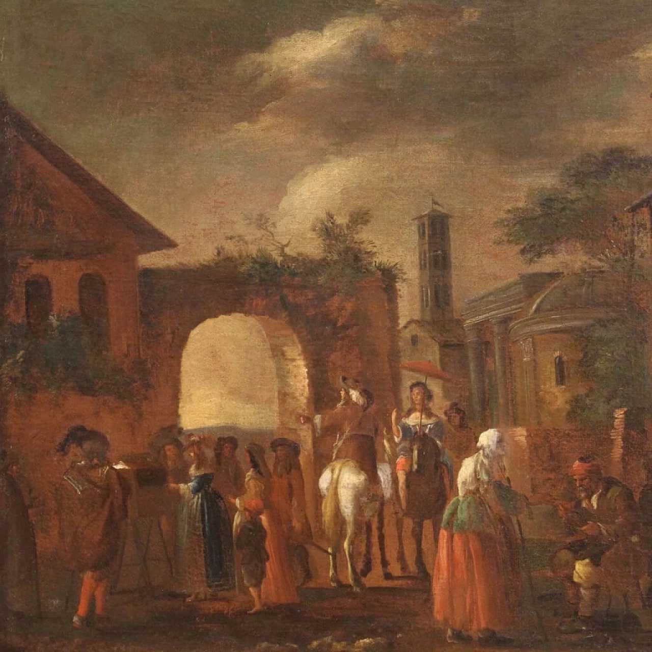 Genre scene painting with animals and figures, oil on canvas, 18th century 9