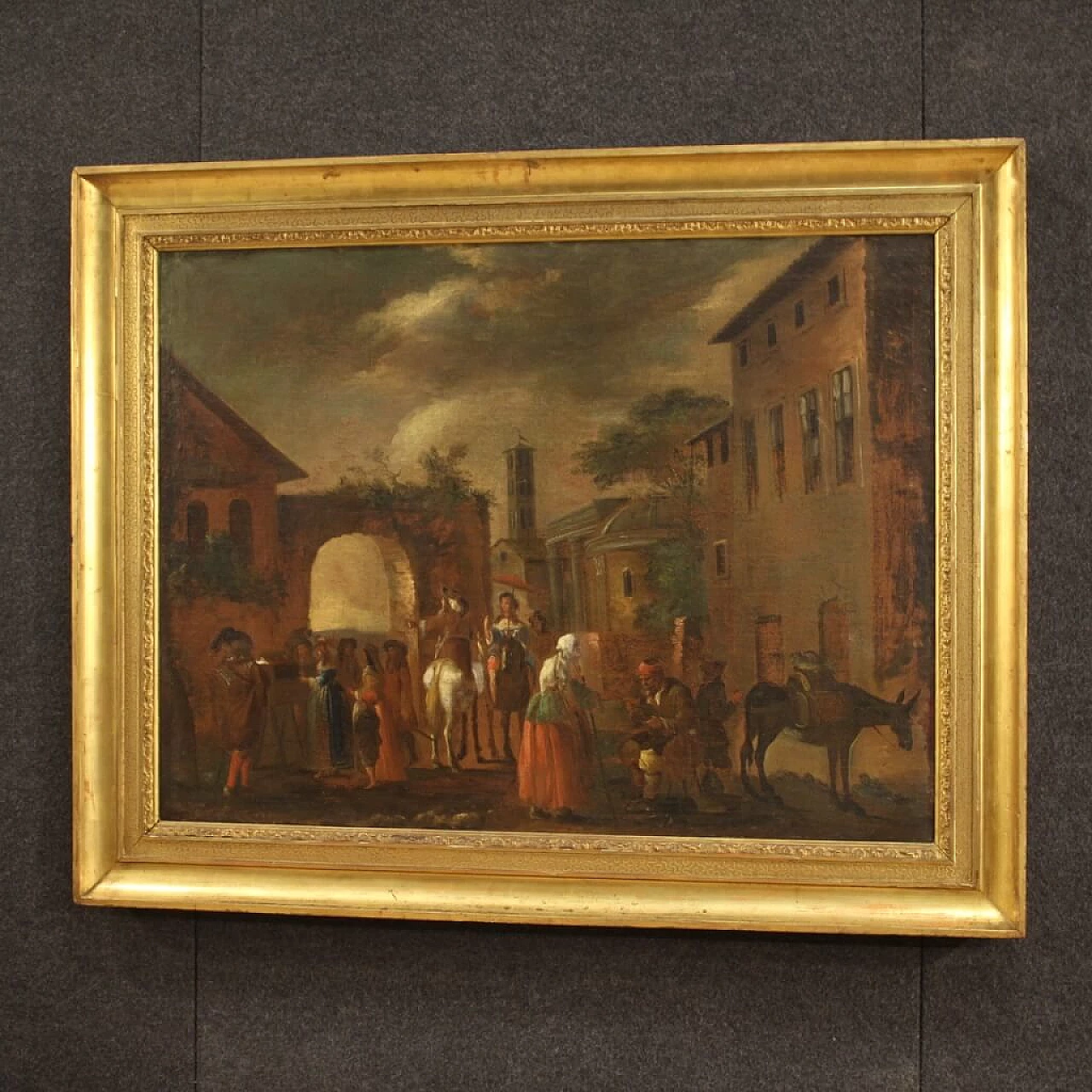 Genre scene painting with animals and figures, oil on canvas, 18th century 10