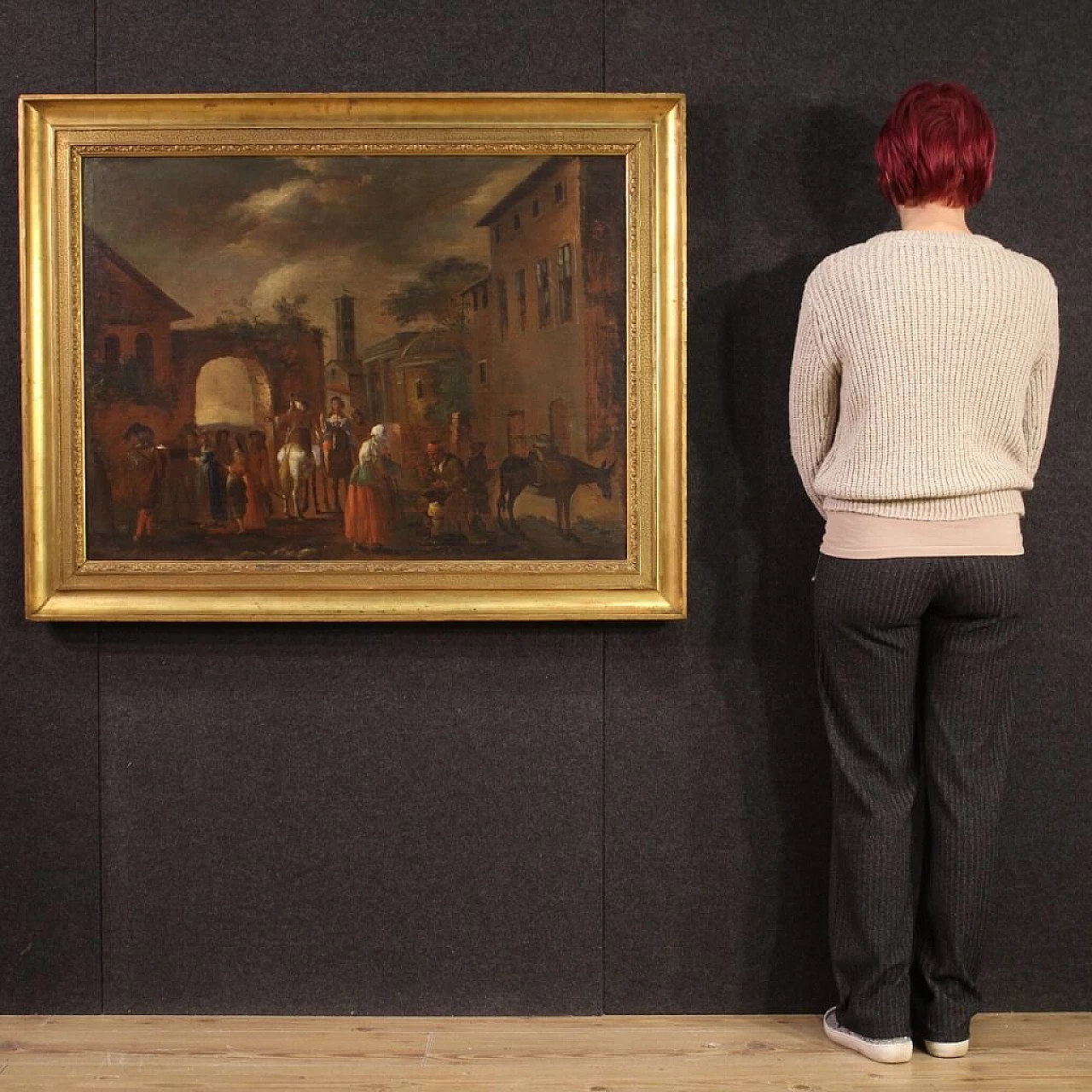 Genre scene painting with animals and figures, oil on canvas, 18th century 12