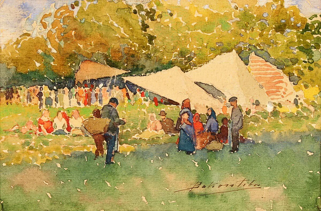 Painting of a Sunday folk fair in Bakoss Tibor, 1900s 3