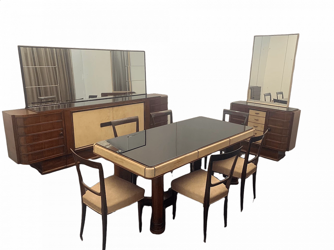 Set da pranzo in stile Art Decò in palissandro e pergamena, anni '30 1480905