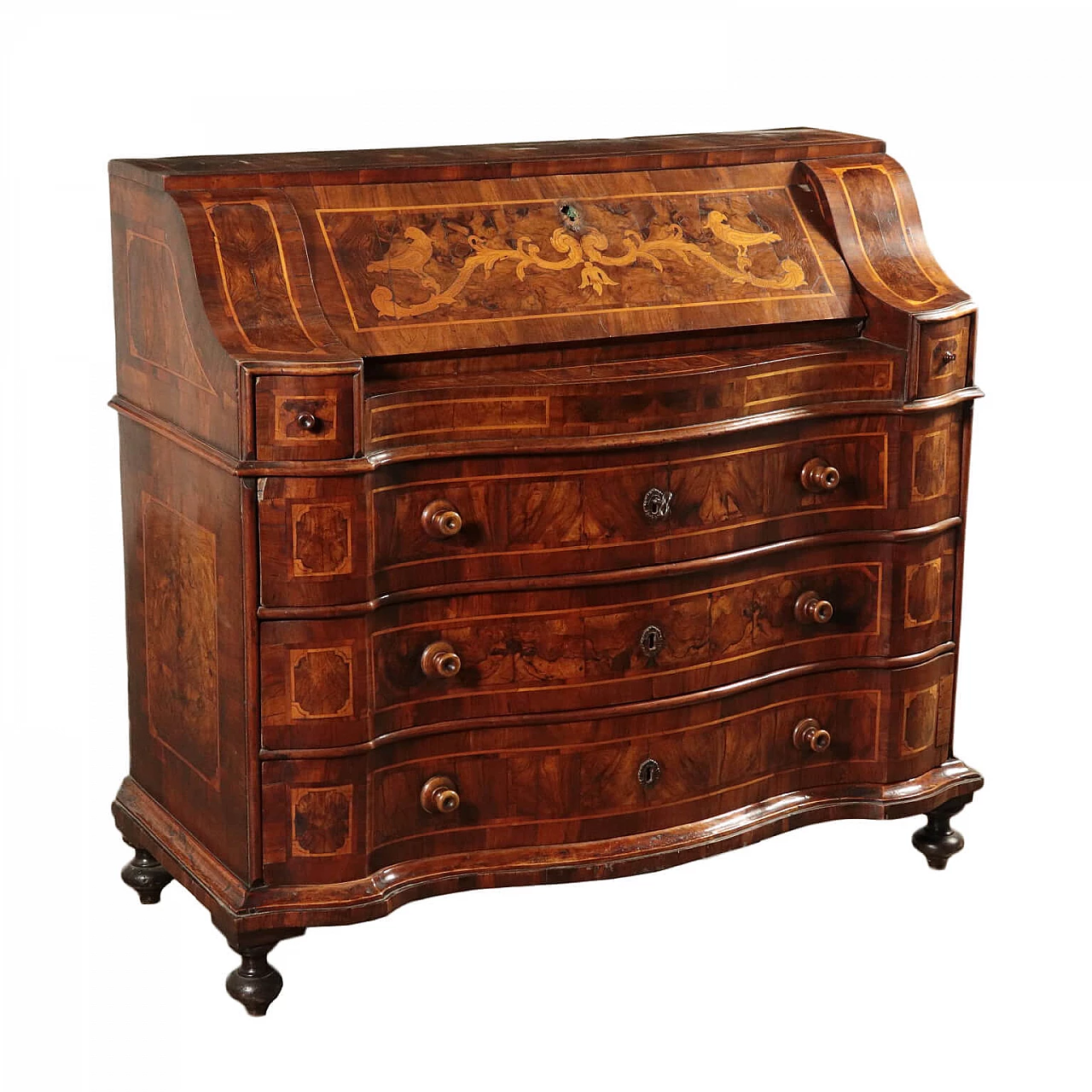 Mobile a ribalta intarsiato in radica di noce, '700 1