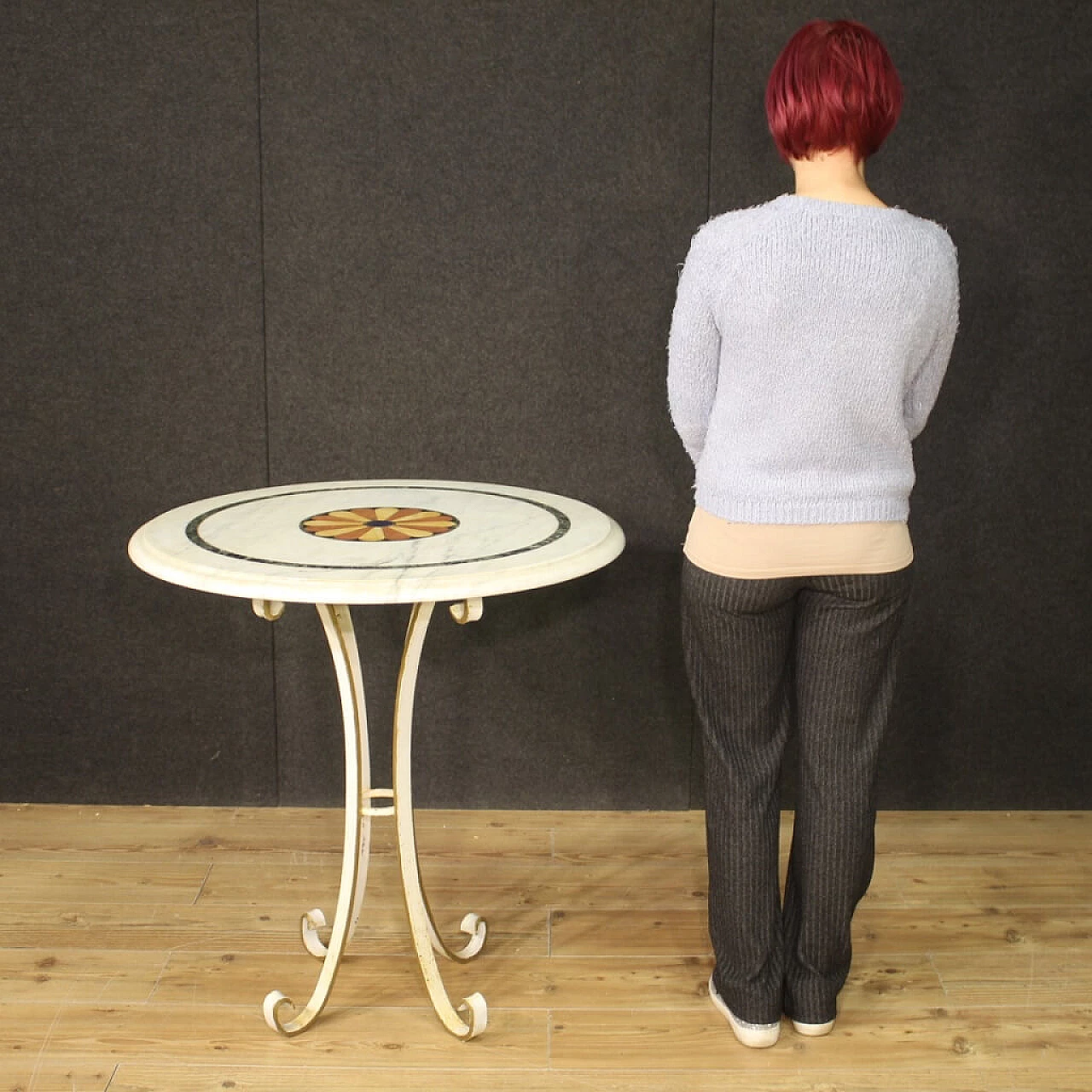 Tavolino in ferro con piano in marmo intarsiato, anni '60 12