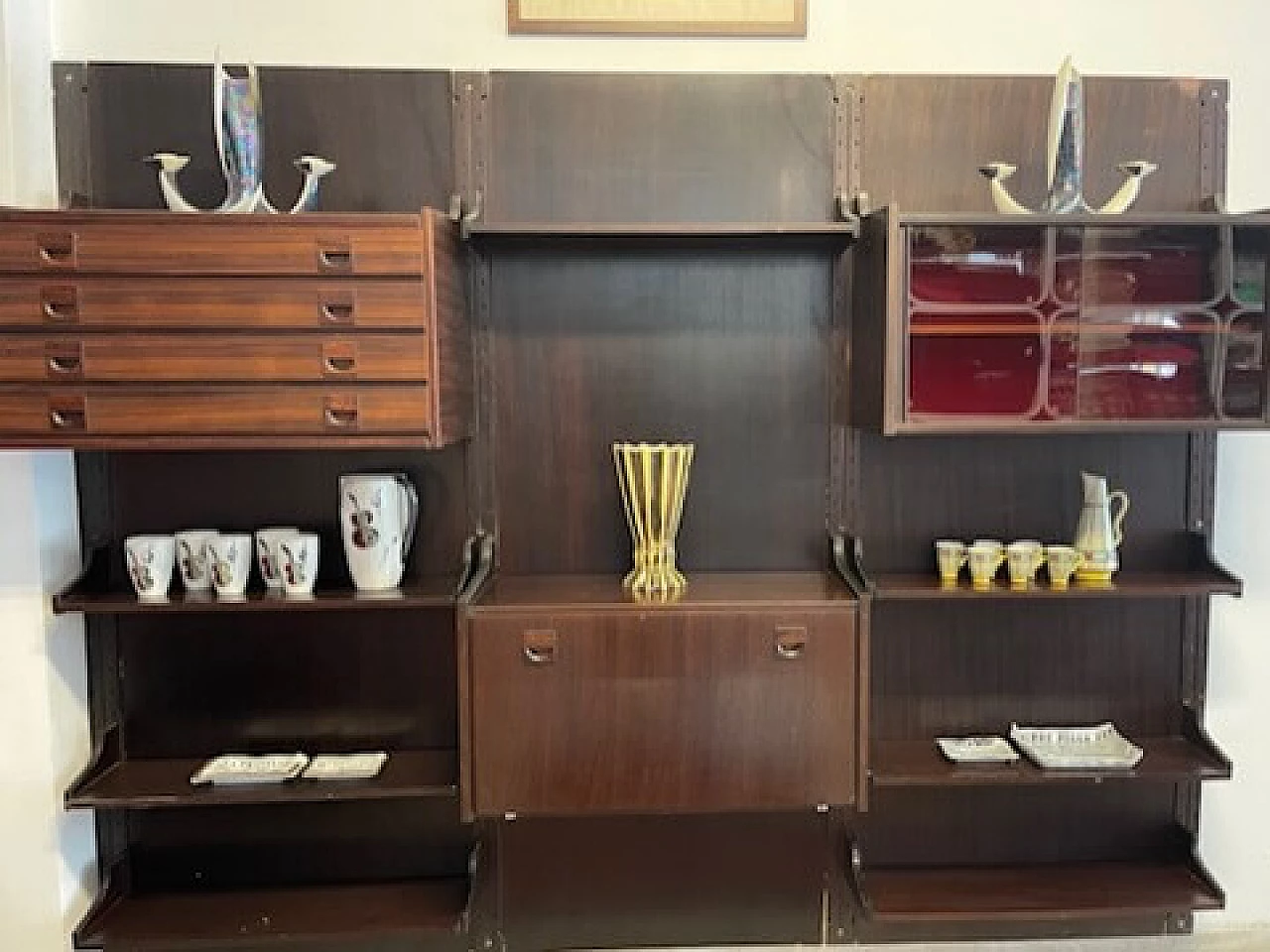 Three-module bookcase with shelves and display case, 1960s 1