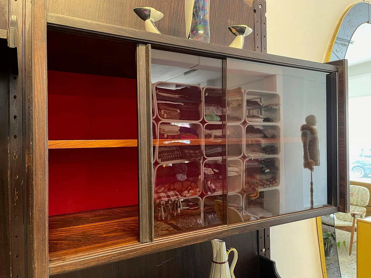 Three-module bookcase with shelves and display case, 1960s 4