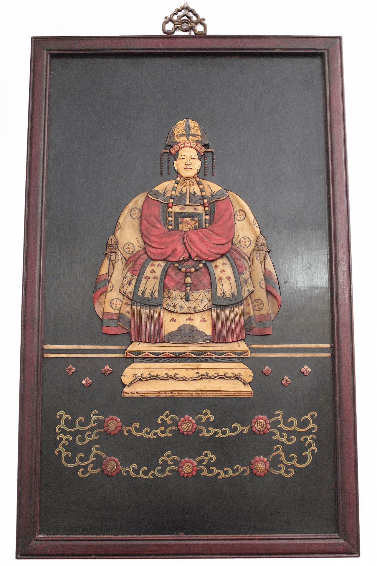 Pannello in legno ebanizzato con figura di imperatrice, anni '50 1480247