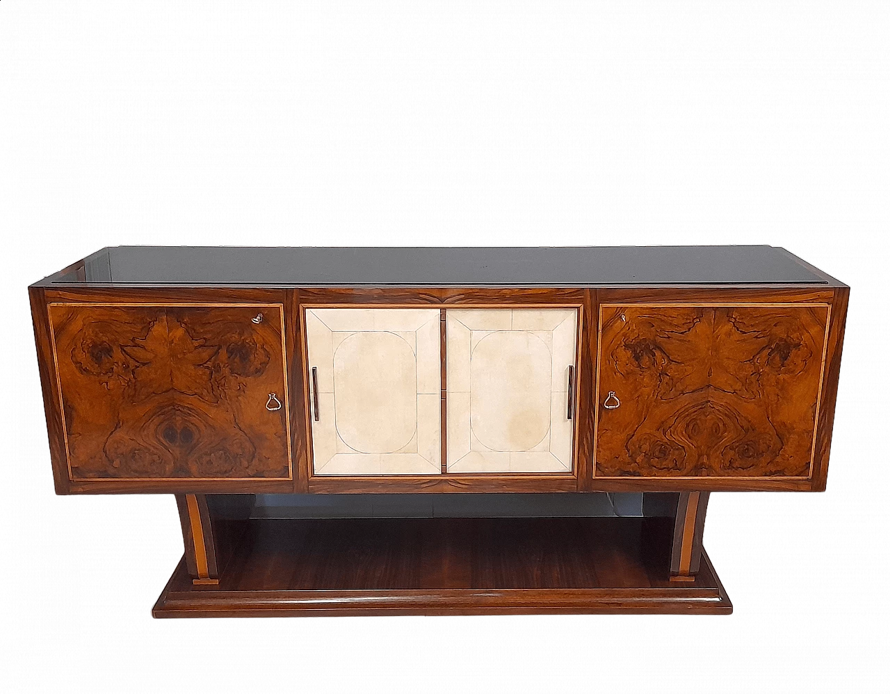 Credenza in stile Art Deco in radica di noce e pergamena, anni '40 11