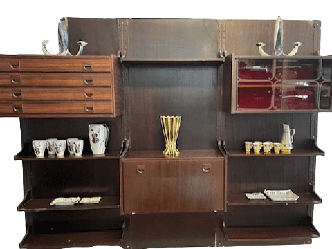 Three-module bookcase with shelves and display case, 1960s 5