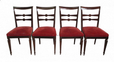 4 Sedie in stile Luigi XVI con seduta in velluto rosso, anni '60