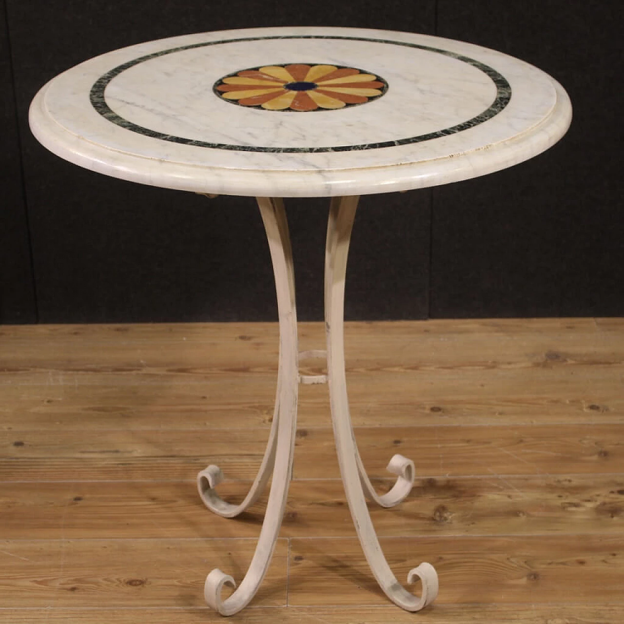 Iron coffee table with inlaid marble top, 20th century 1