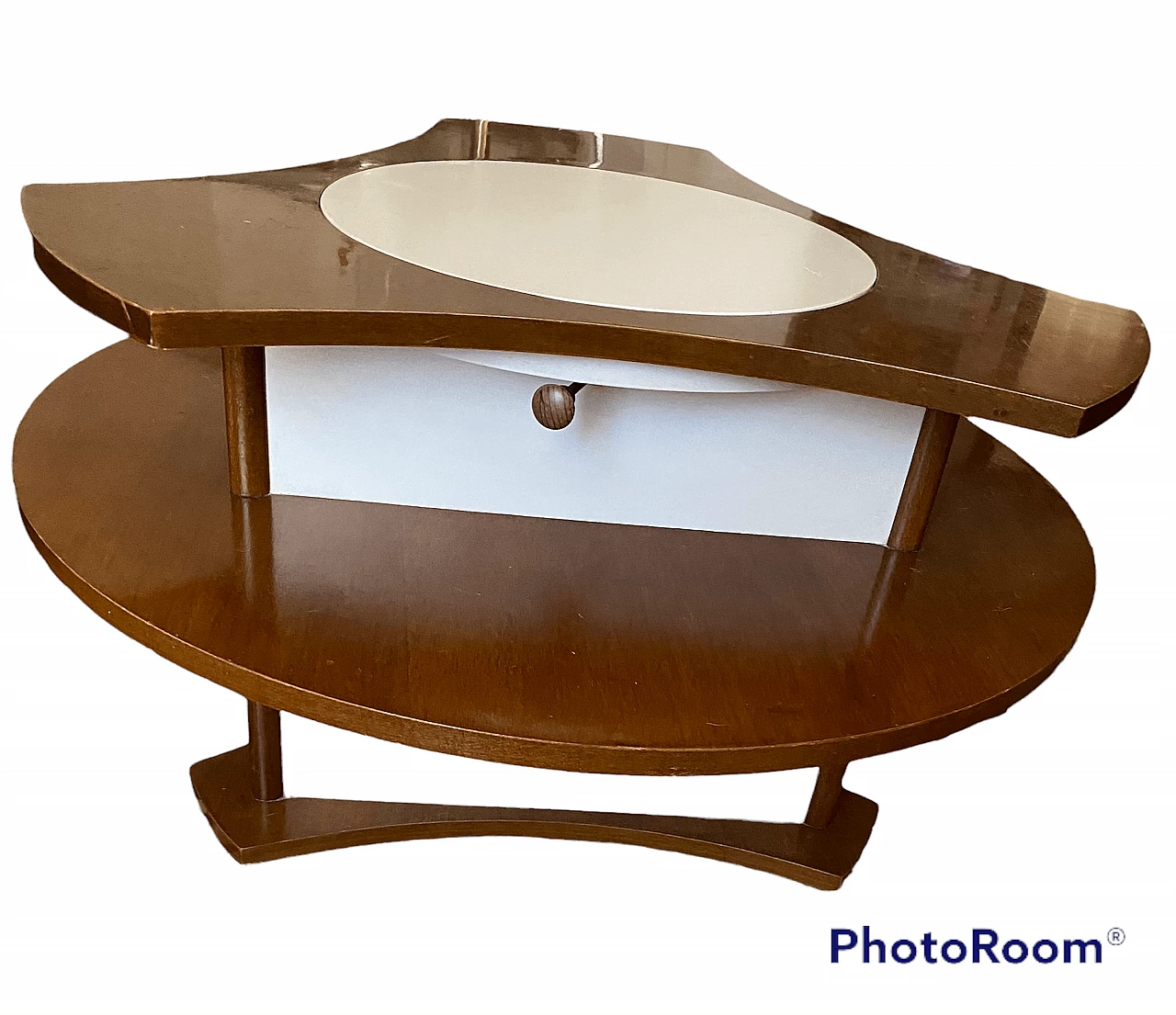 Tavolino in legno con portabottiglie a scomparsa, anni '70 1