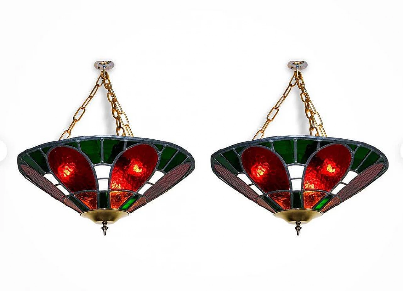 Pair of Tiffany stained glass chandeliers, 1930s 5