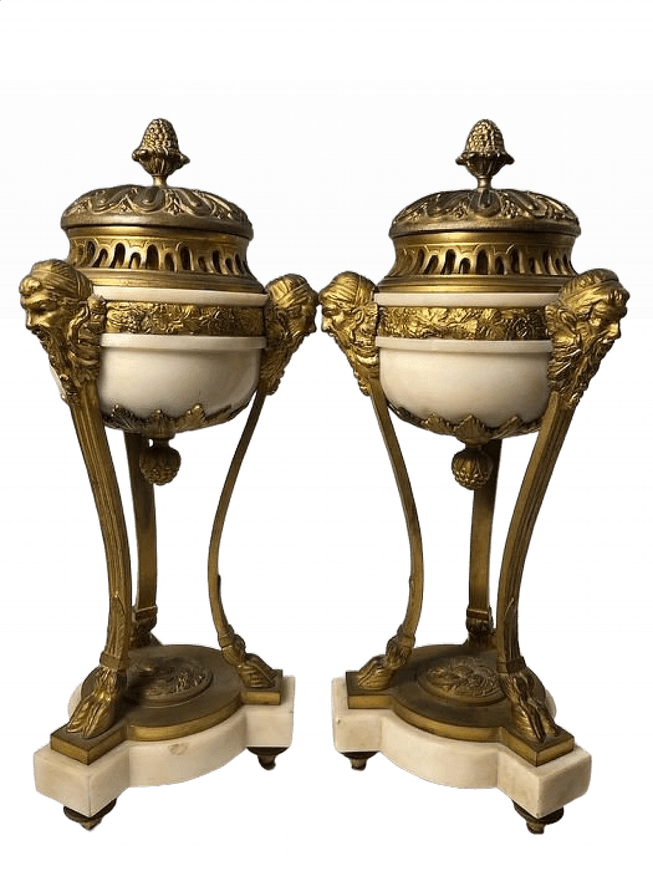 Coppia di bruciaincensi in bronzo dorato e marmo bianco, '800 13
