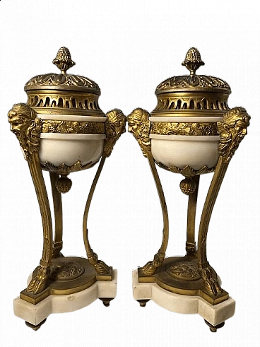 Pair of gilt bronze and white marble incense burners, 19th century