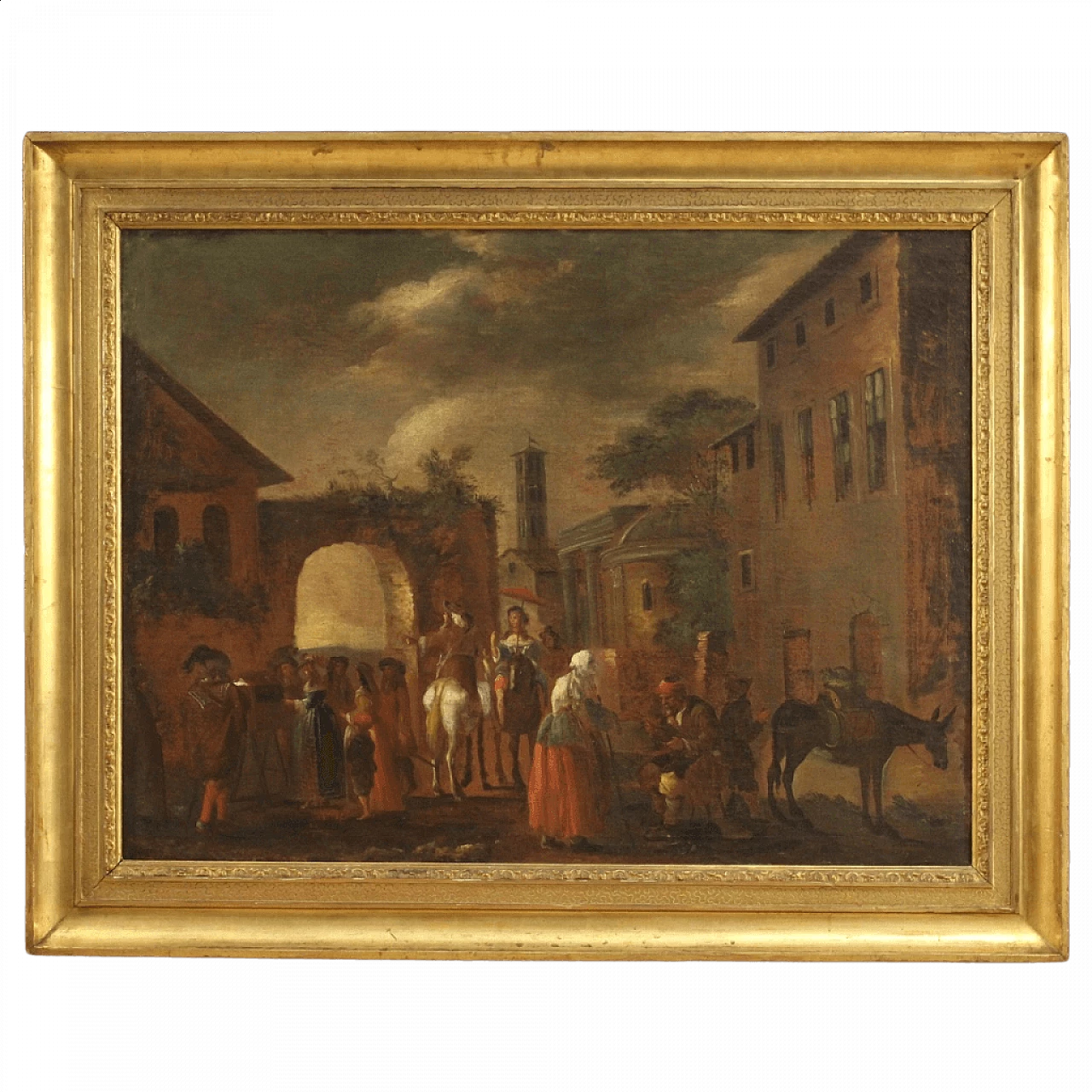 Genre scene painting with animals and figures, oil on canvas, 18th century 13