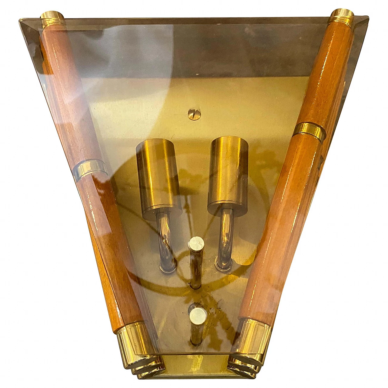 Wall lamp in glass, wood and brass, 1980s 1