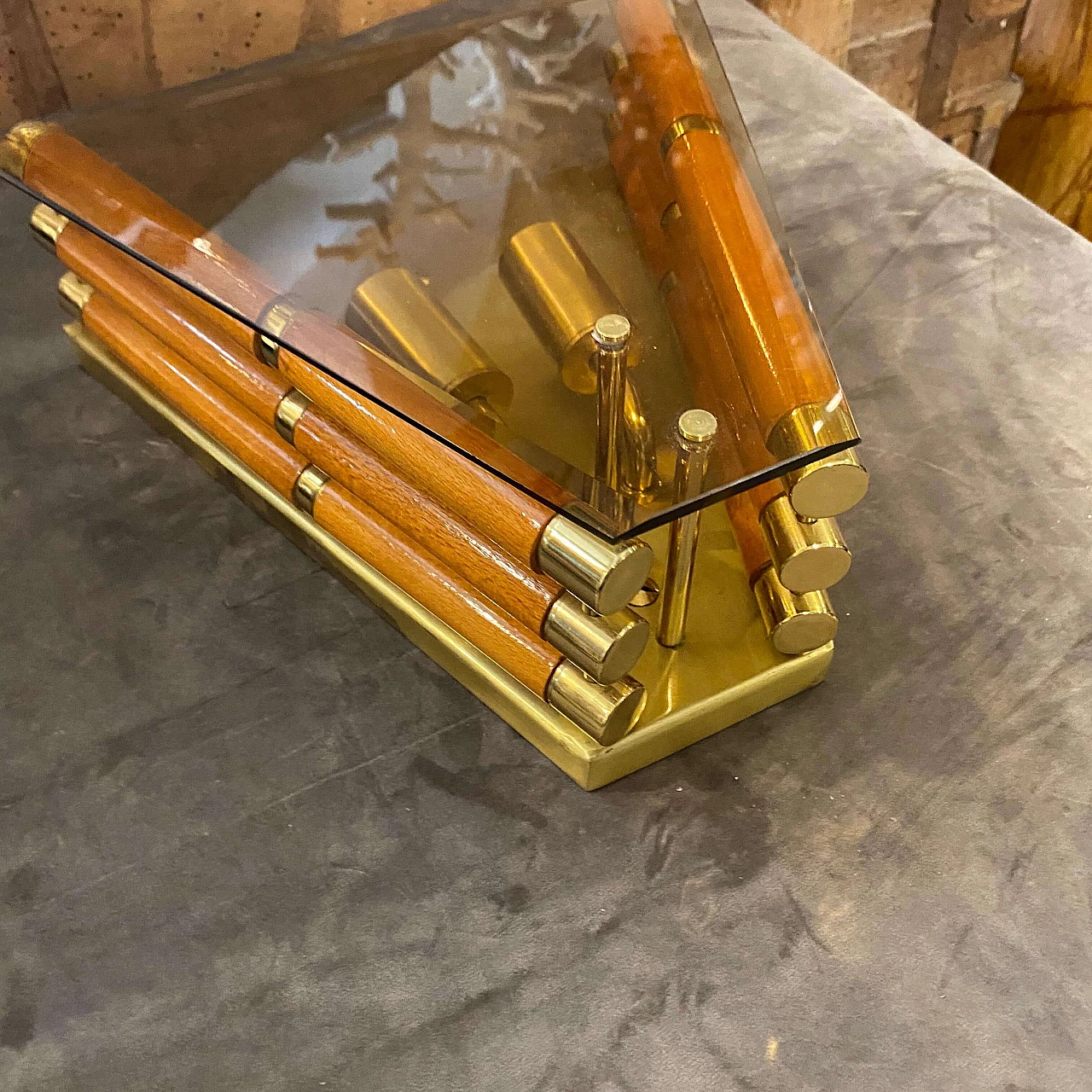 Wall lamp in glass, wood and brass, 1980s 3