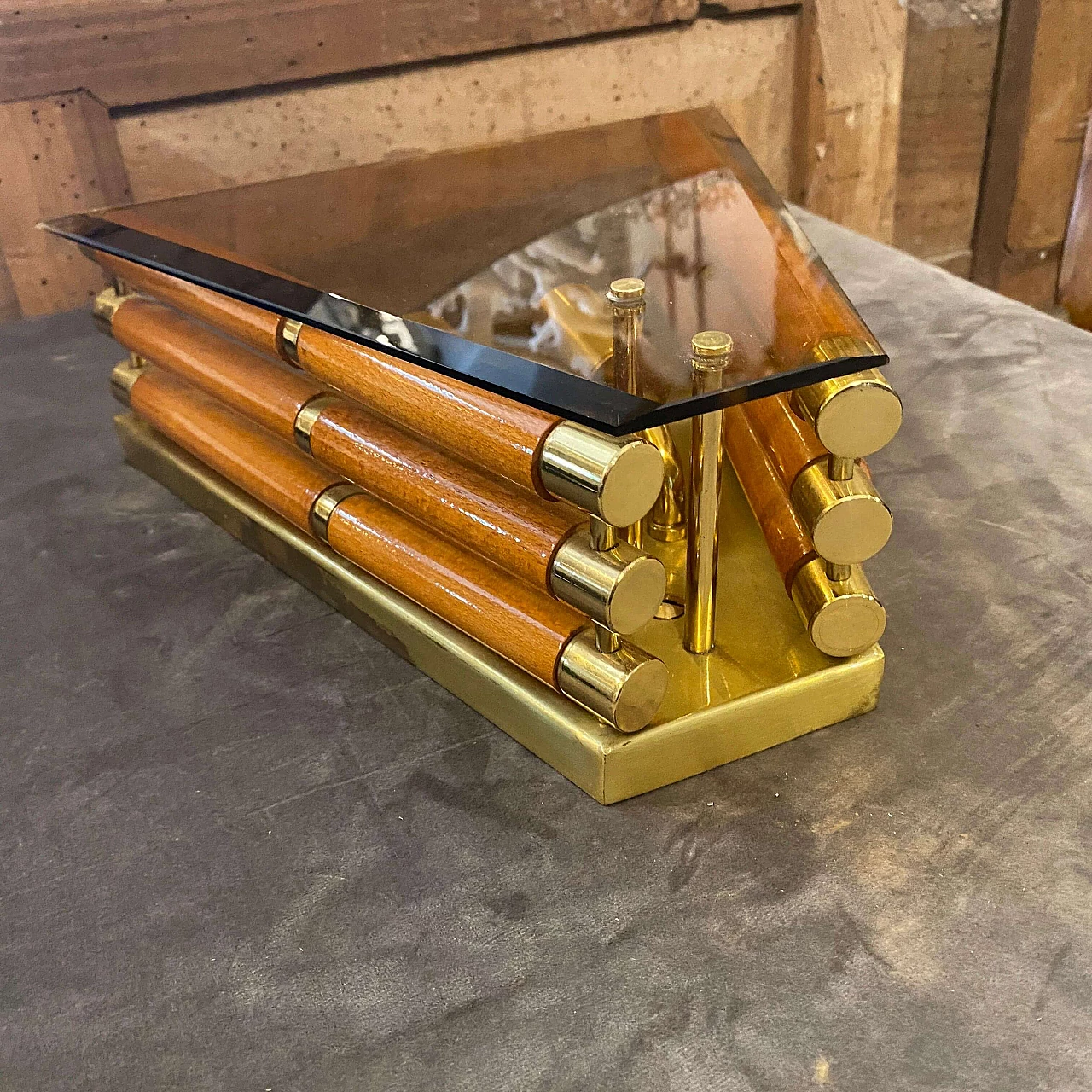 Wall lamp in glass, wood and brass, 1980s 4