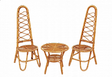 Pair of bamboo chairs with small table attributed to Bonacina, 1960s