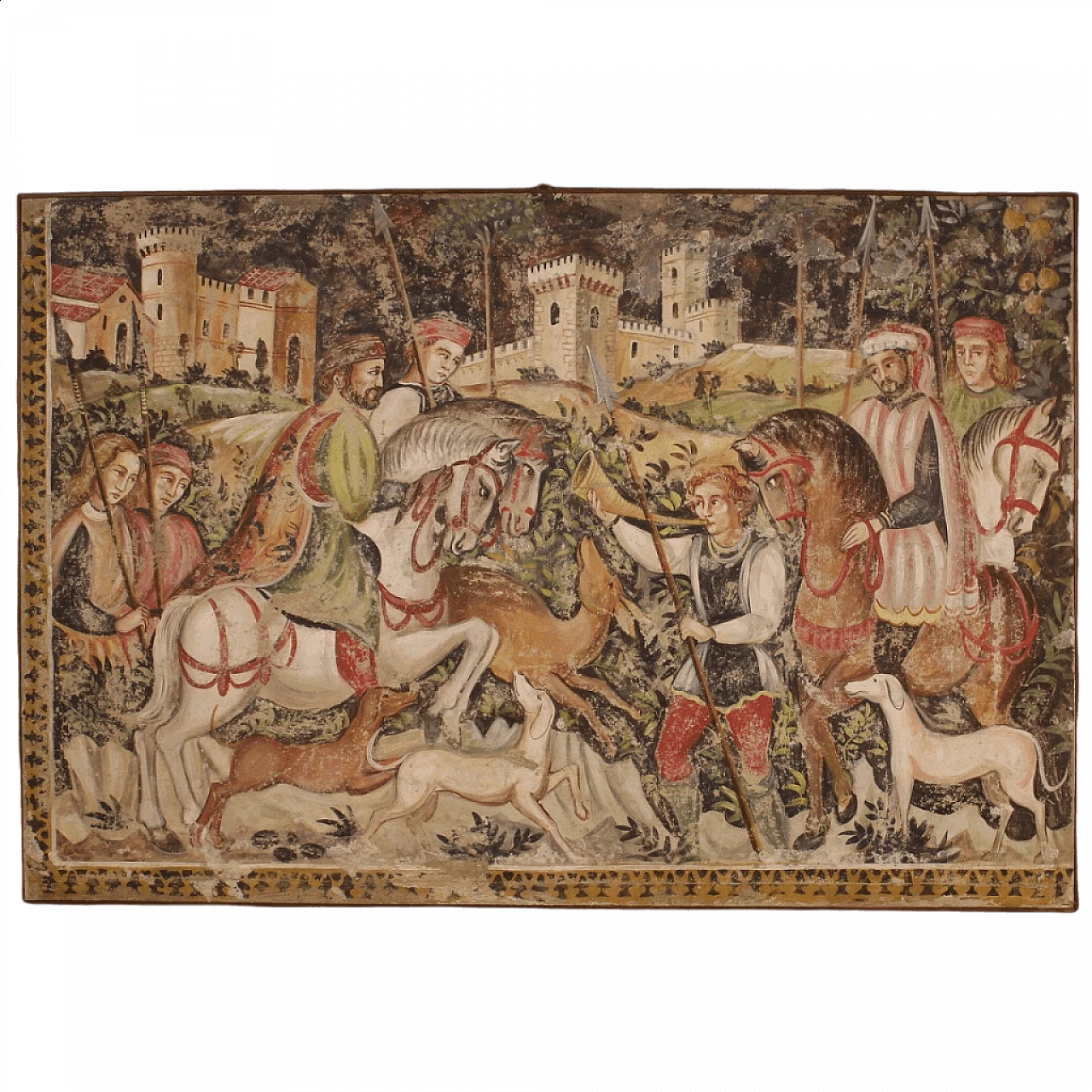Battuta di caccia in stile medievale, affresco applicato su tela 13