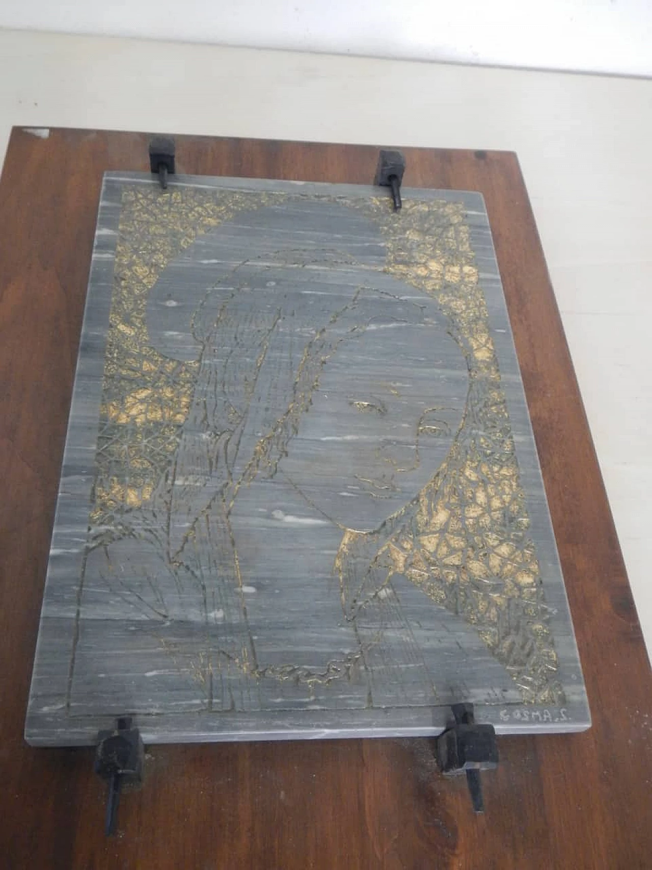 Engraving of Madonna on coloured marble slab, 1960s 8