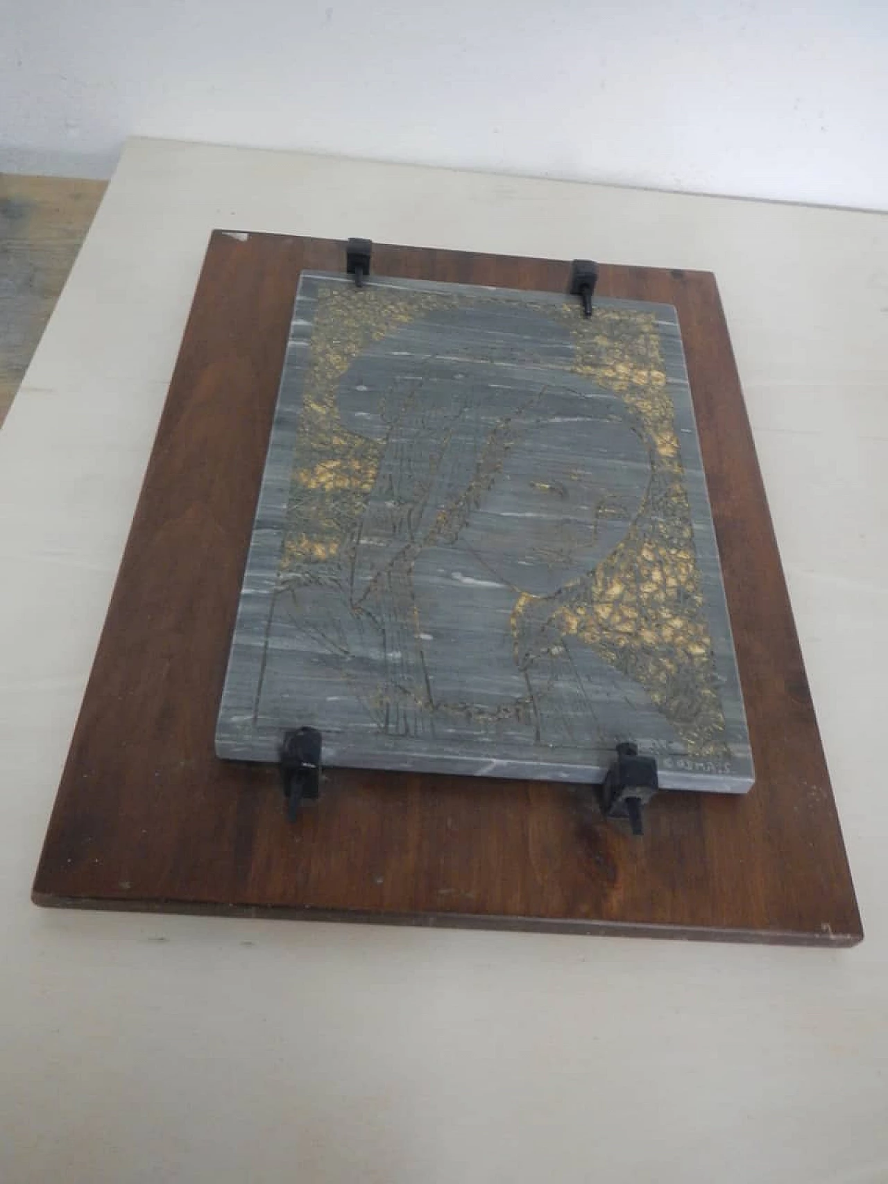 Engraving of Madonna on coloured marble slab, 1960s 9