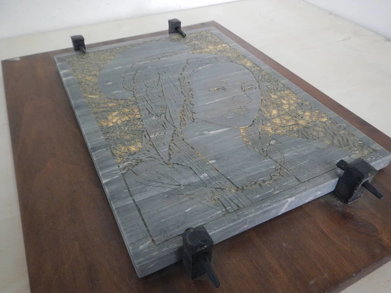 Engraving of Madonna on coloured marble slab, 1960s 10