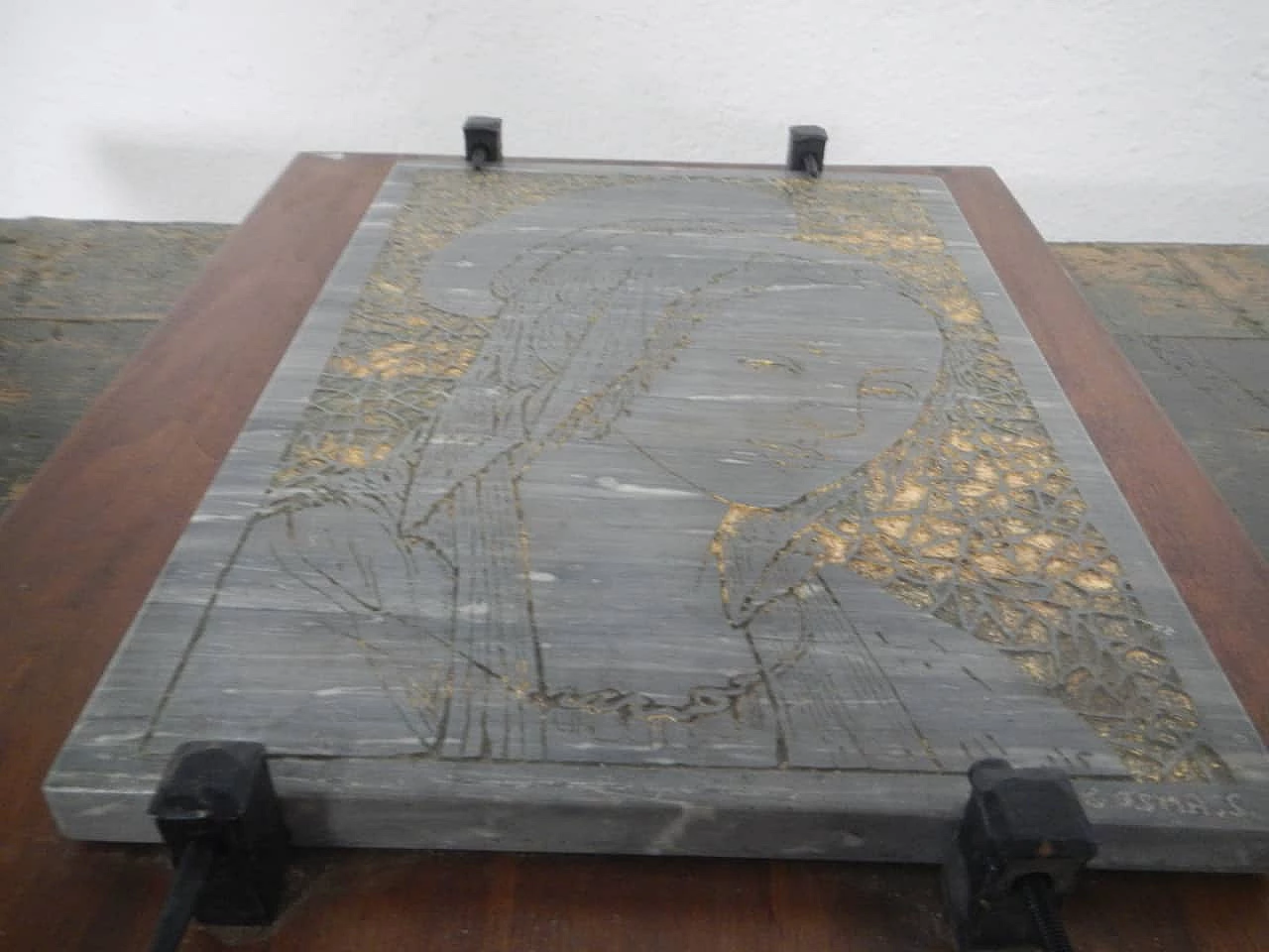 Engraving of Madonna on coloured marble slab, 1960s 11