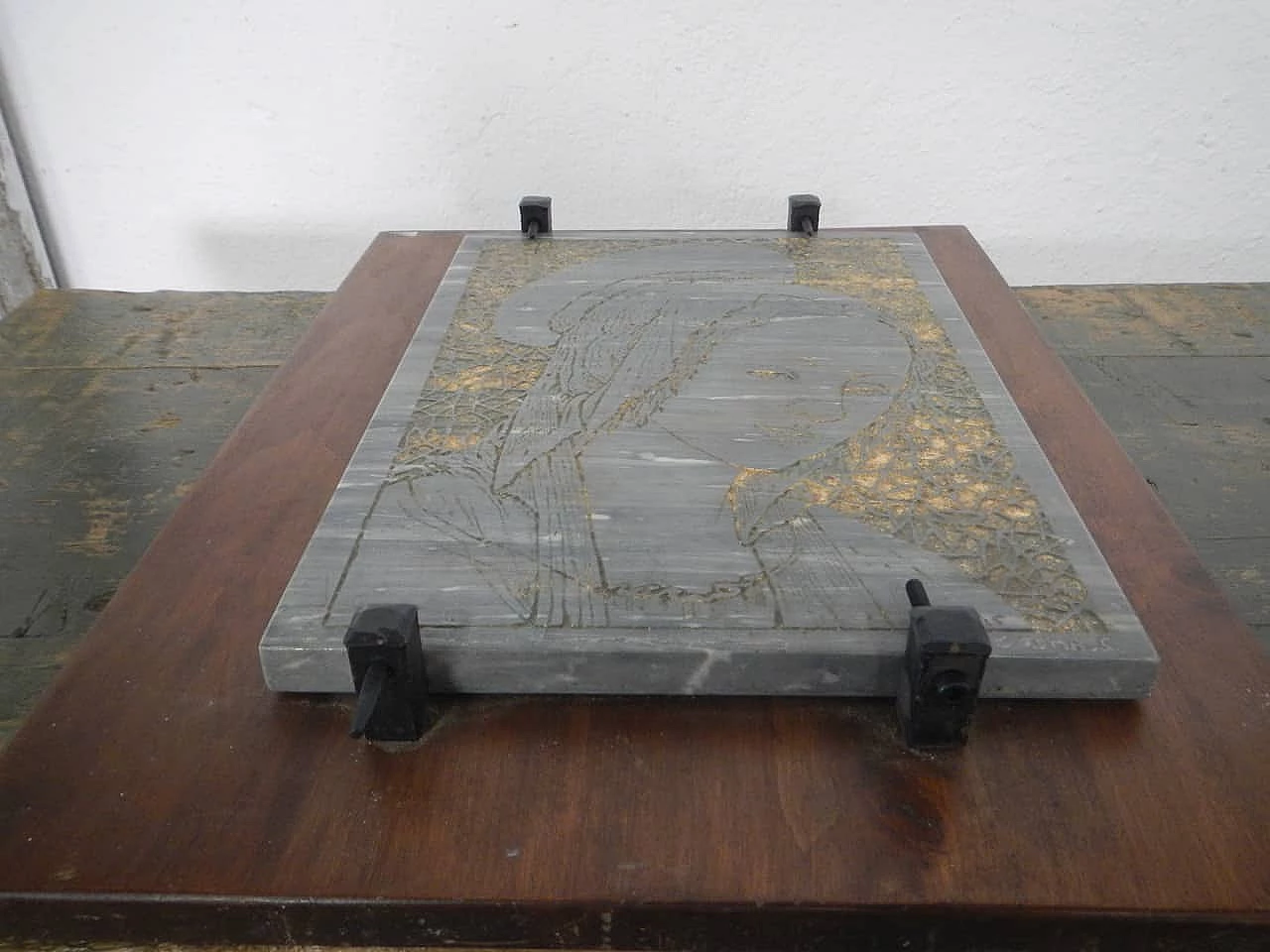 Engraving of Madonna on coloured marble slab, 1960s 12