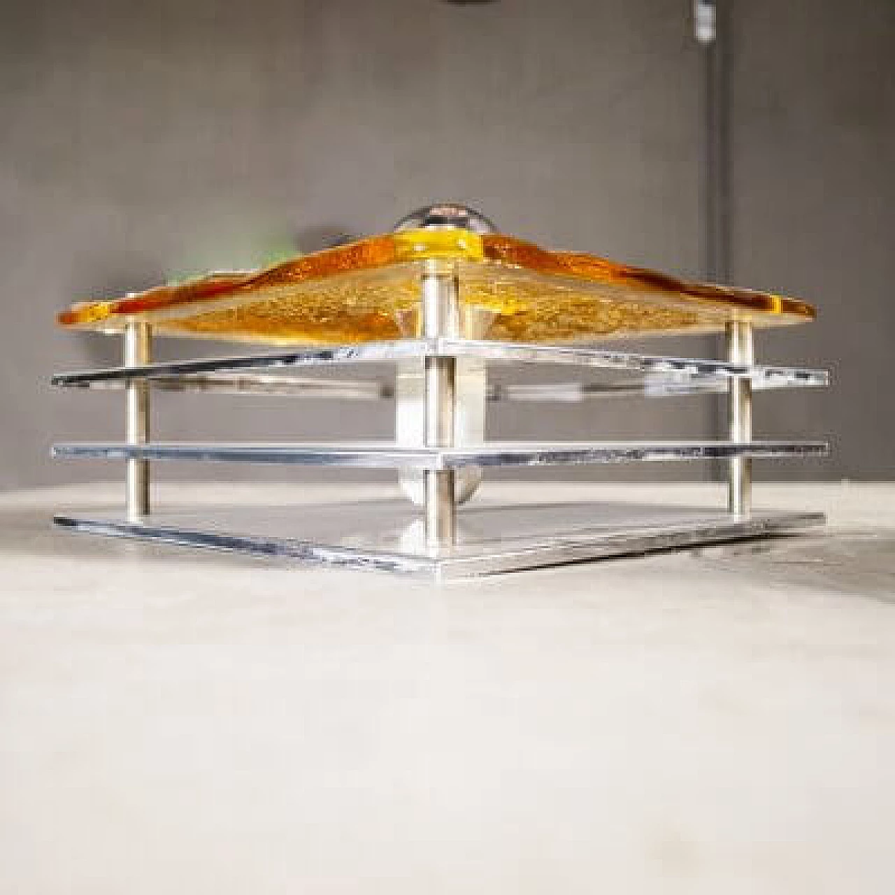 Pair of Mazzega wall lights in steel and amber glass, 1970s 5