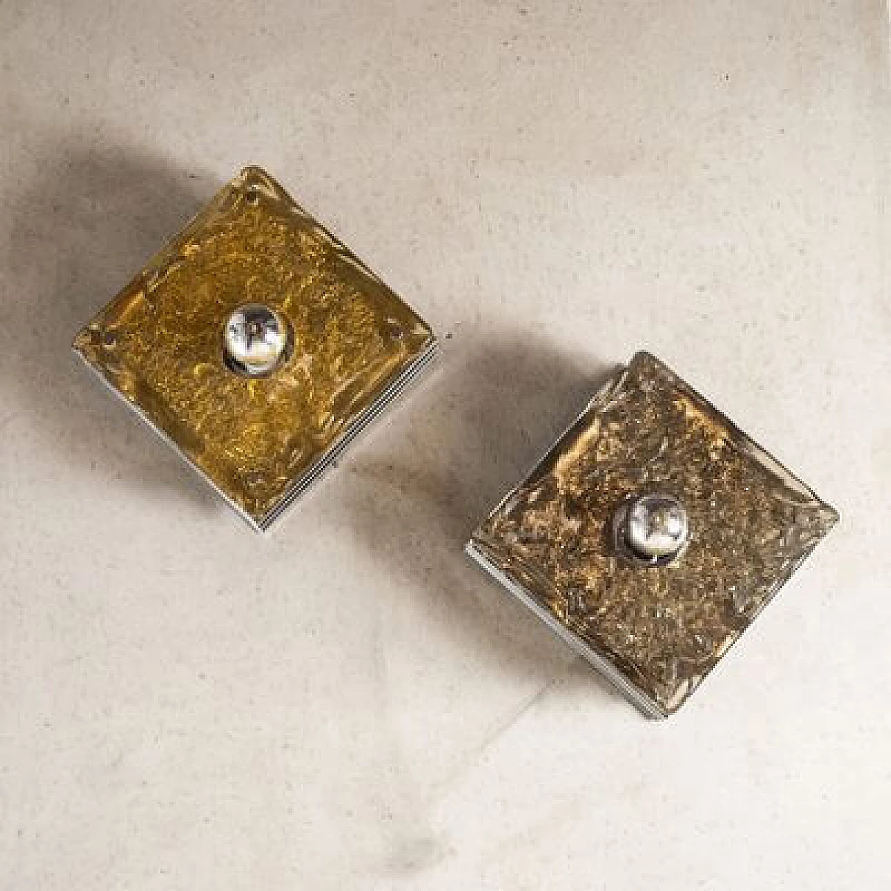 Pair of Mazzega wall lights in steel and amber glass, 1970s 10