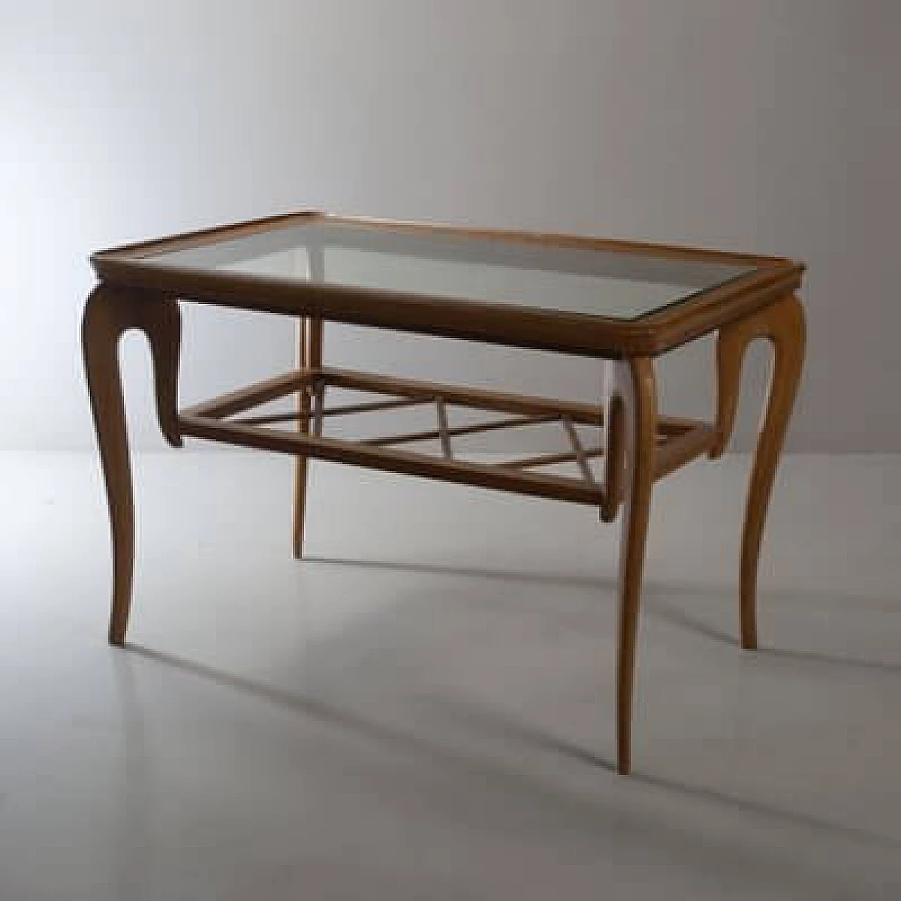 Tavolino da caffè con ripiano in vetro e legno intrecciato di Paolo Buffa, anni '40 1