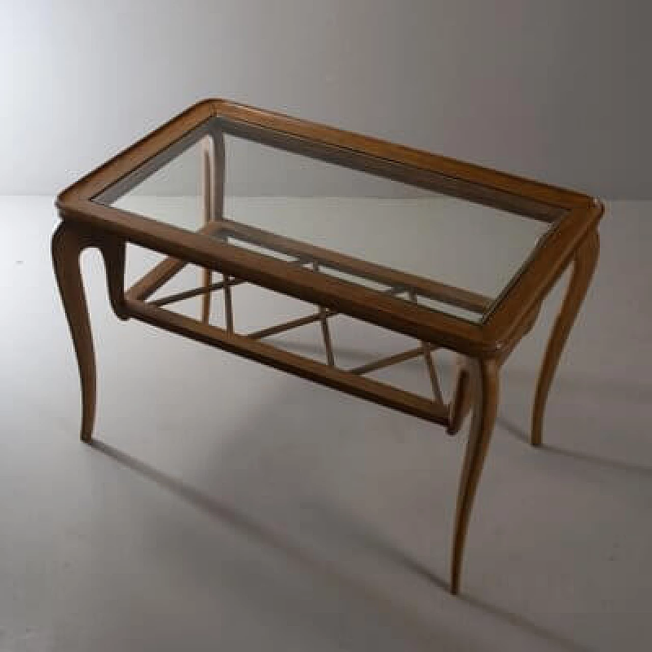 Tavolino da caffè con ripiano in vetro e legno intrecciato di Paolo Buffa, anni '40 4