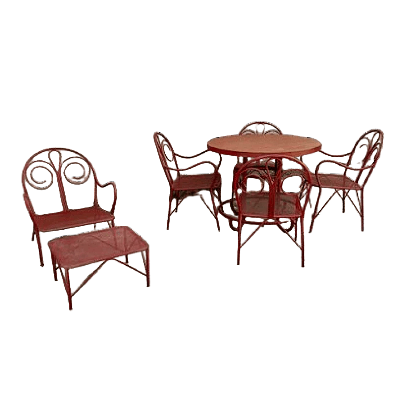 Salottino da giardino di 7 elementi in ferro tubolare rosso, anni '50 8