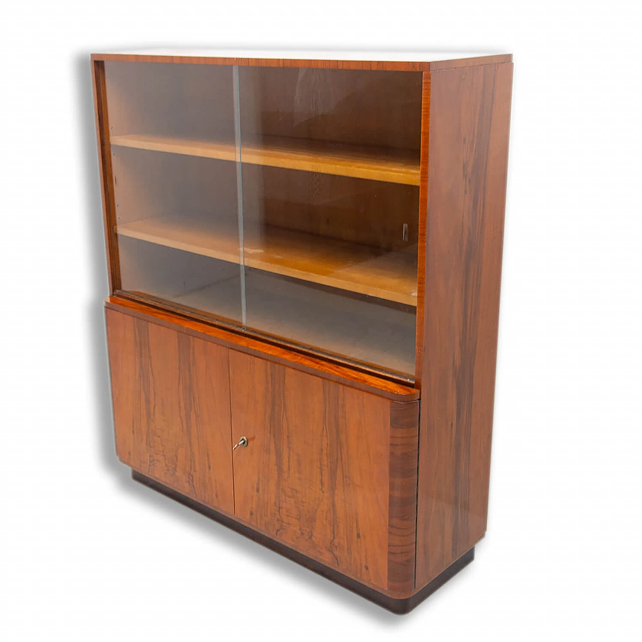 Libreria in noce di UP Zavody con ante in vetro, anni '50 1